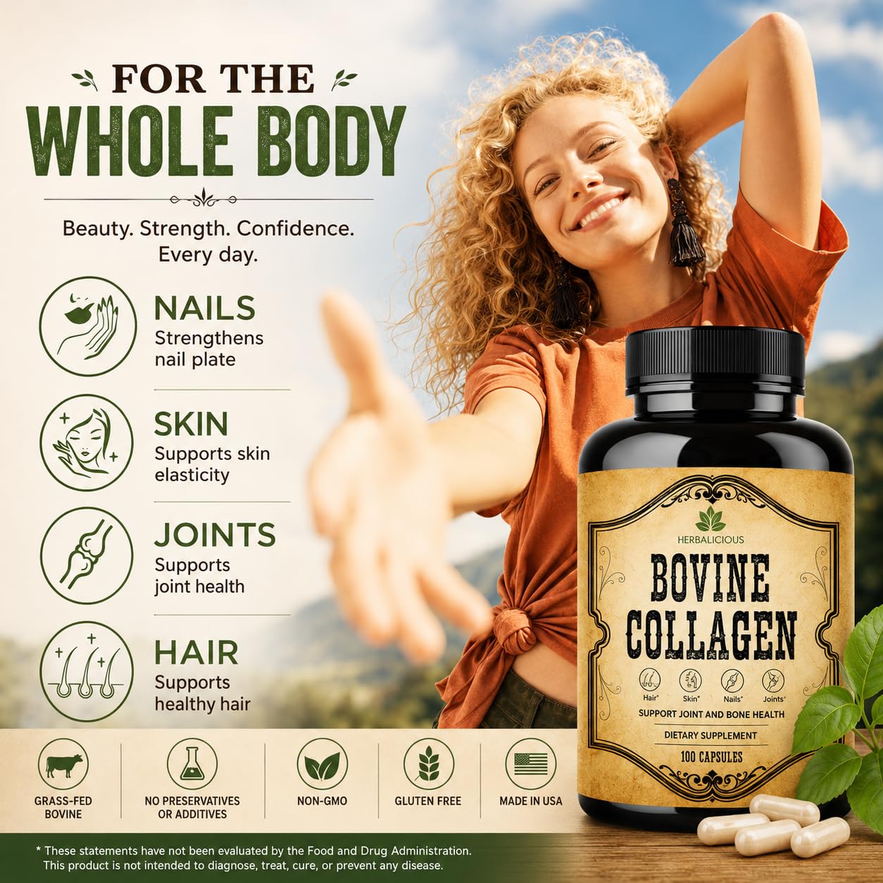 HERBALICIOUS Collagen Capsules with lifestyle background