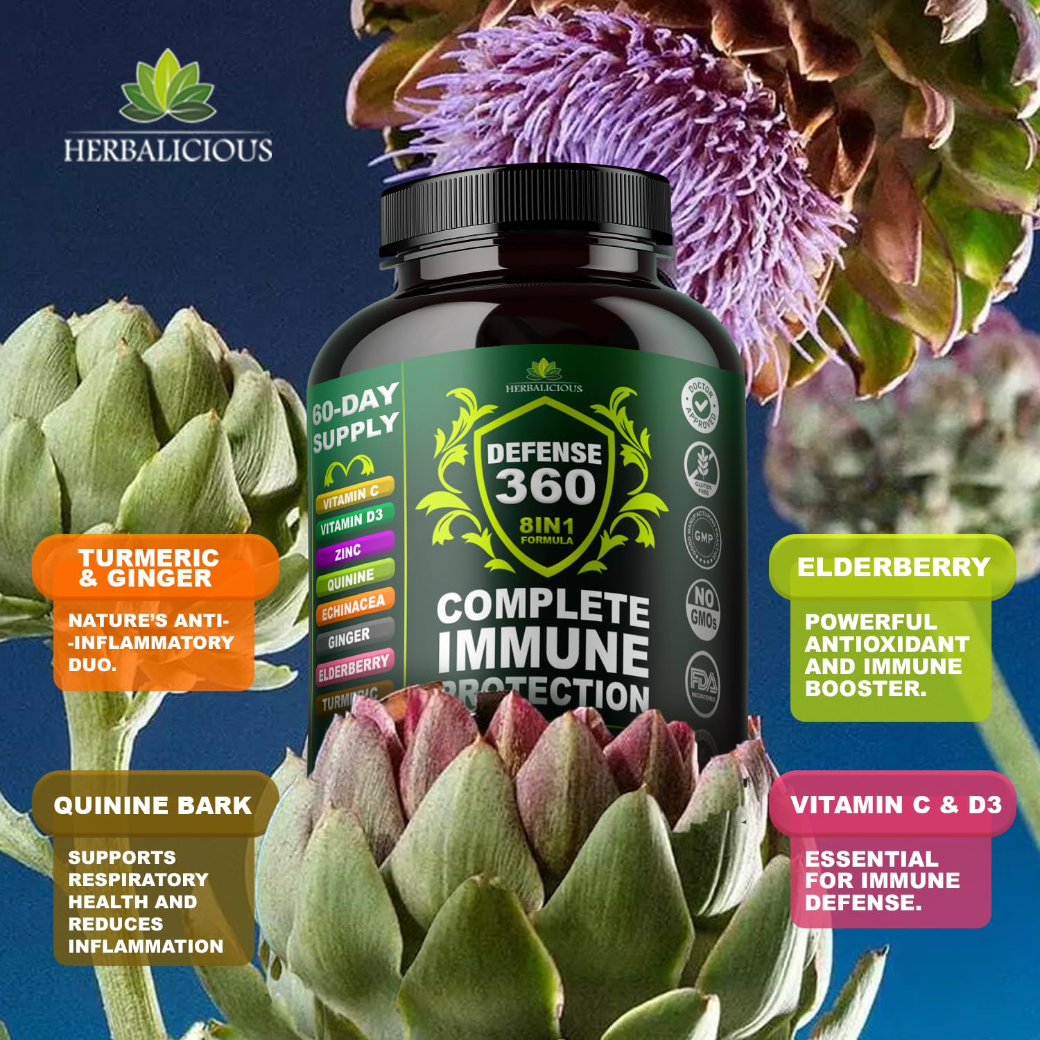 HERBALICIOUS daily wellness Support Capsules on a wooden table