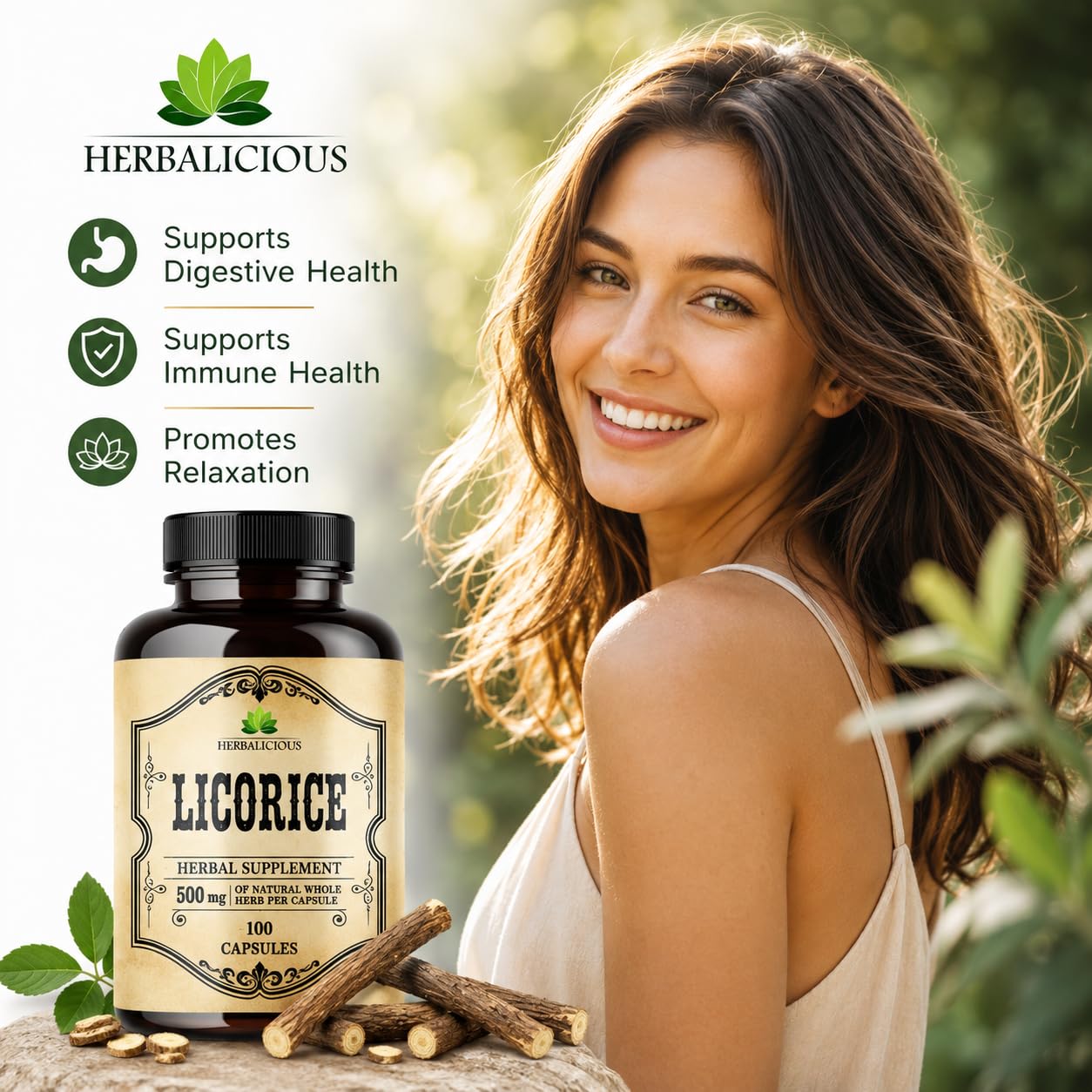 HERBALICIOUS Licorice Root Capsules in packaging