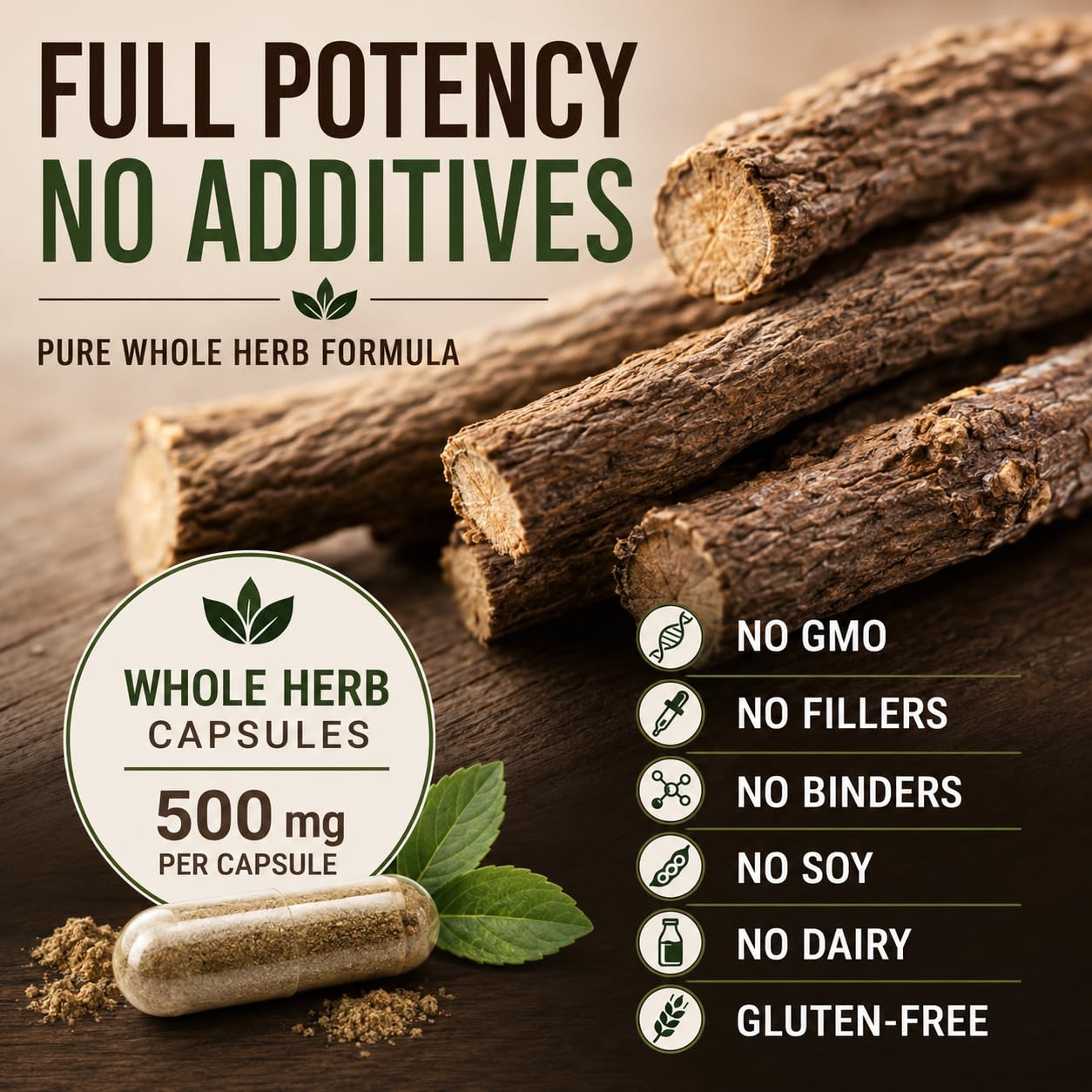 HERBALICIOUS Licorice Root Capsules on a wooden table