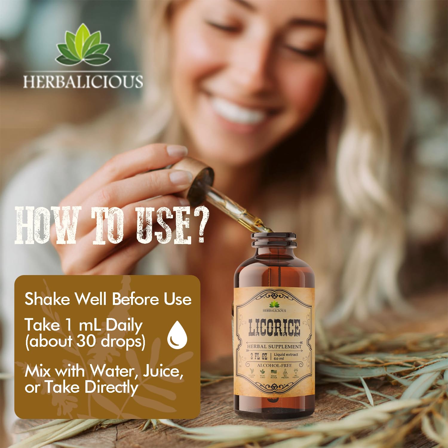 HERBALICIOUS Licorice Root Extract liquid dropper close-up