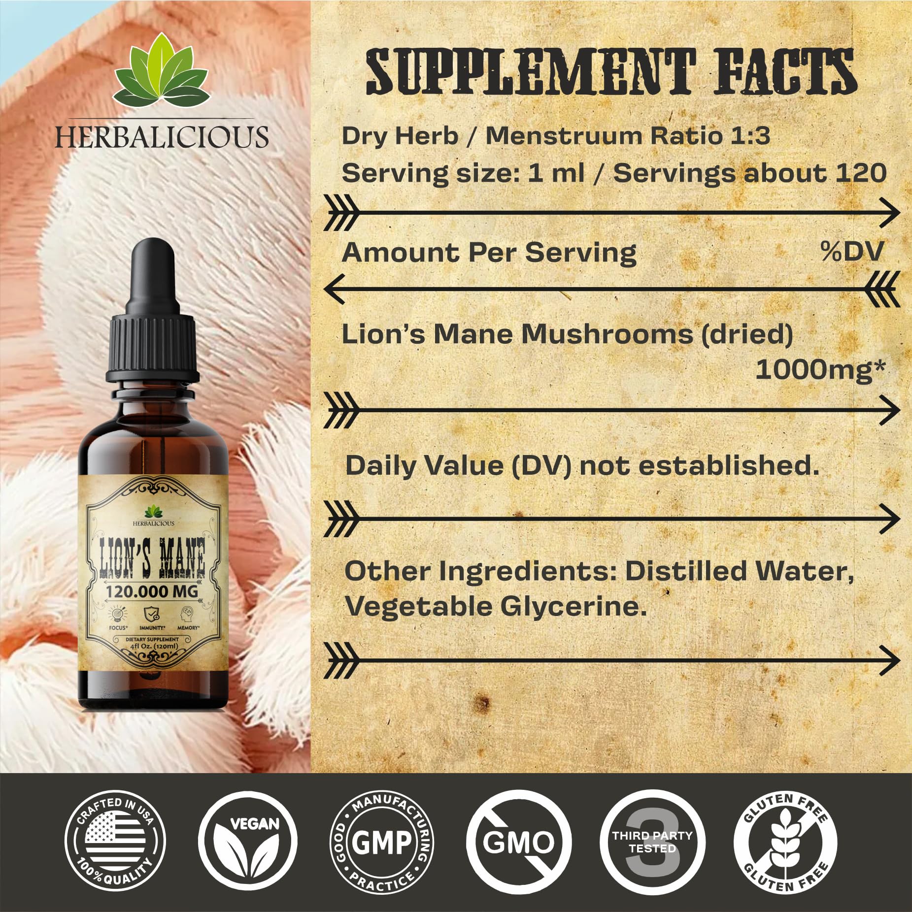 HERBALICIOUS Lion’s Mane Mushroom Extract Capsules on a wooden table