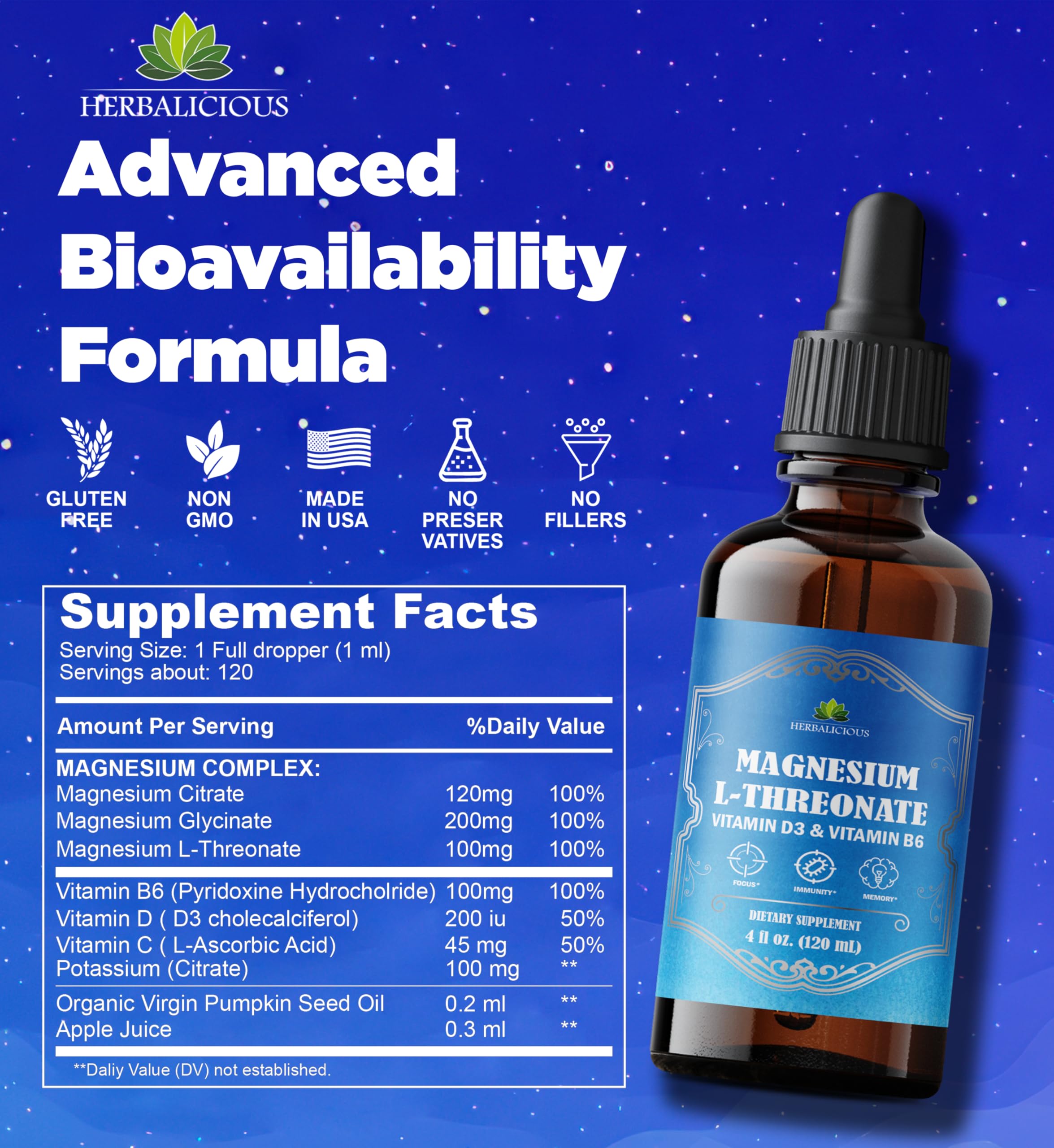 HERBALICIOUS Magnesium Complex Liquid 227g with natural apple juice
