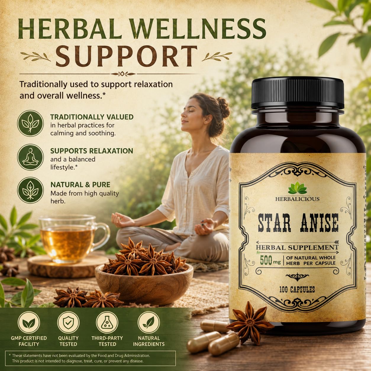 HERBALICIOUS Star Anise Supplement bottle side view