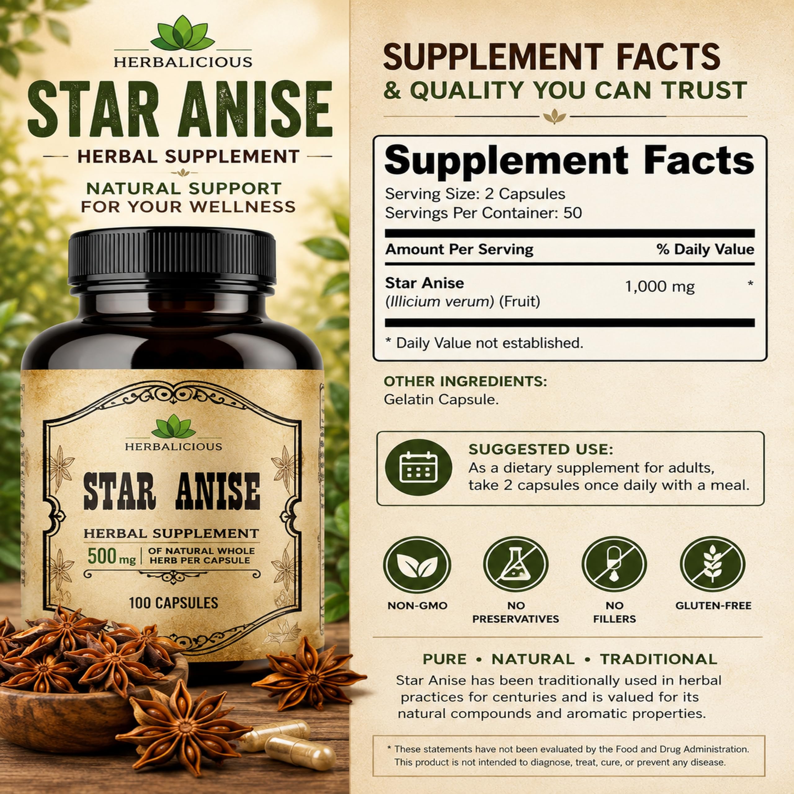 HERBALICIOUS Star Anise Supplement bottle with measuring spoon