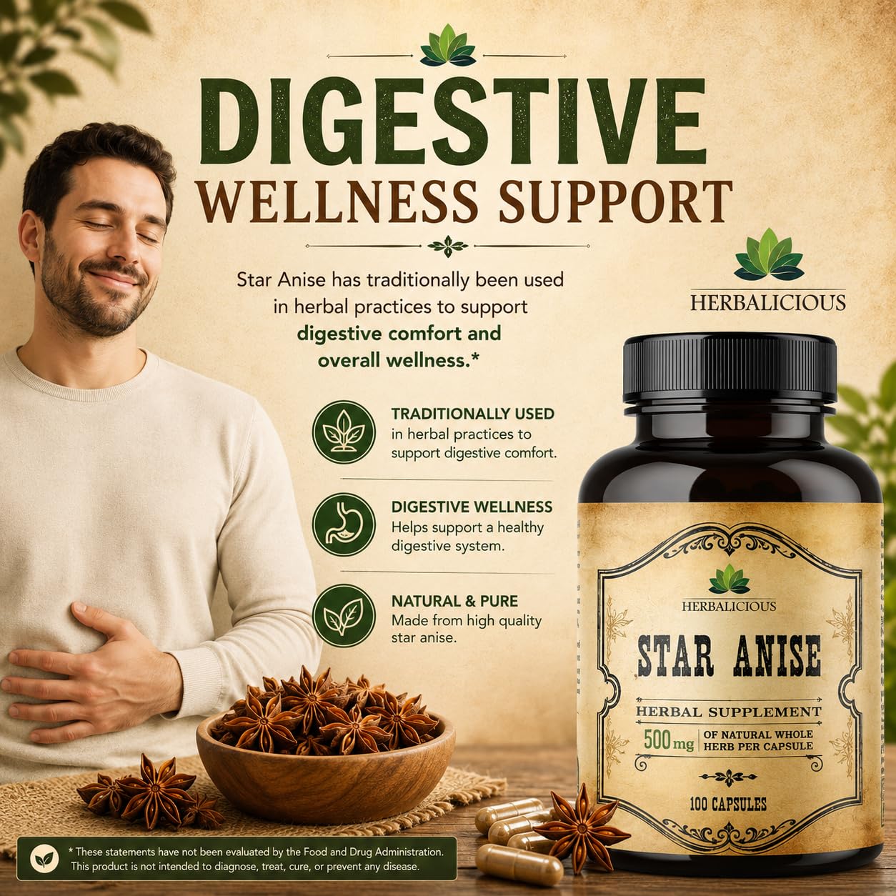 HERBALICIOUS Star Anise Supplement capsules on a wooden table