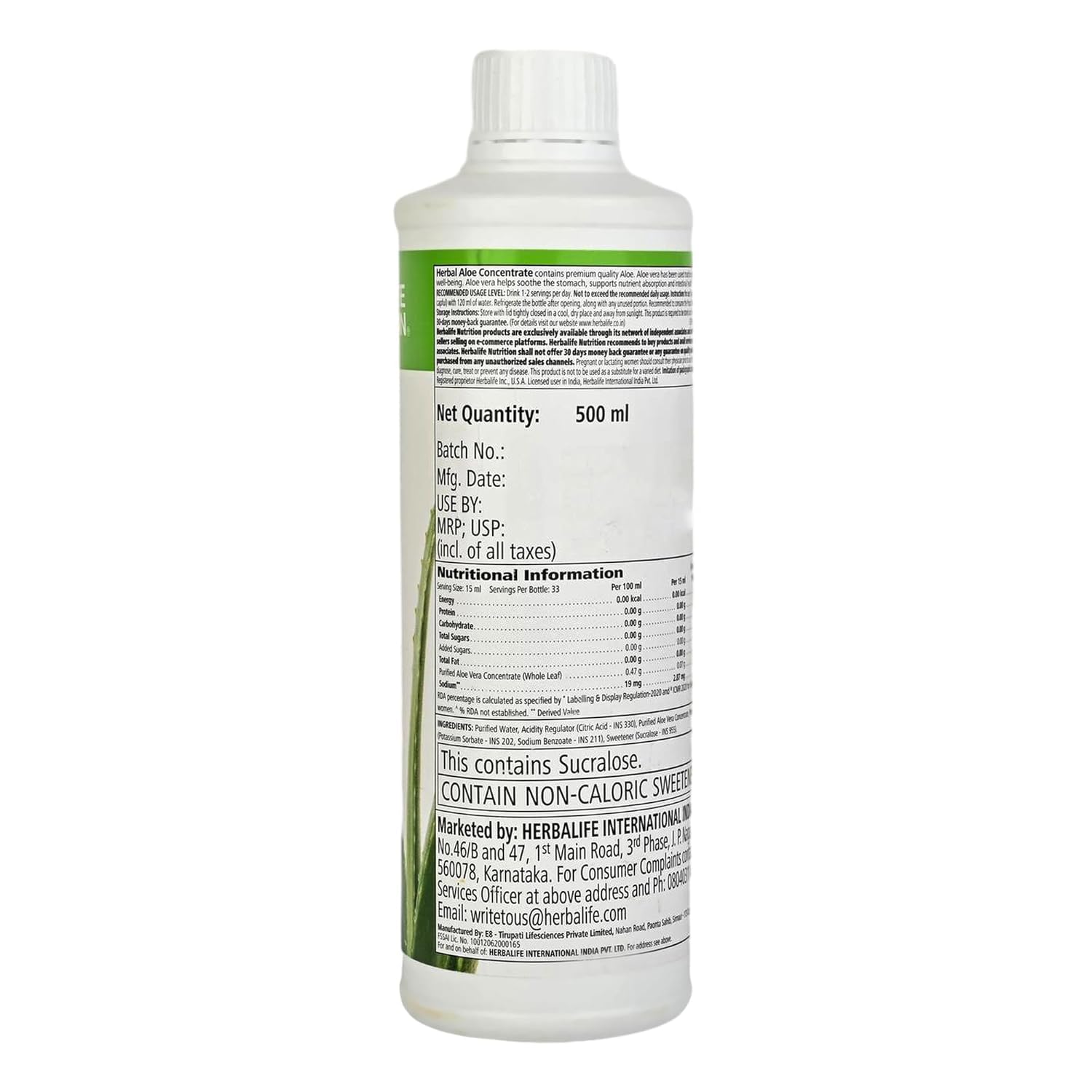 Herbalife Aloe Vera Concentrate 540g back label showing ingredients