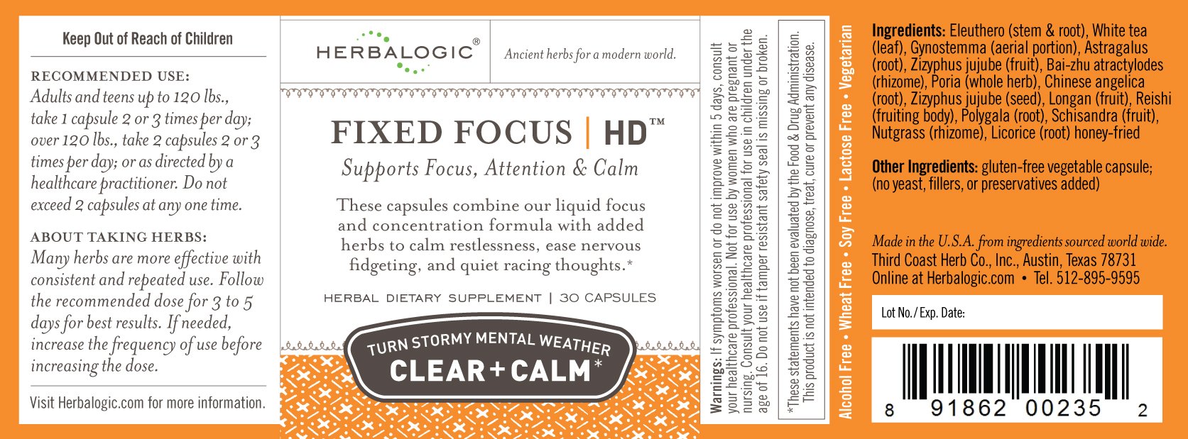 Herbalogic Fixed Focus HD Herb Capsules back view with ingredient list
