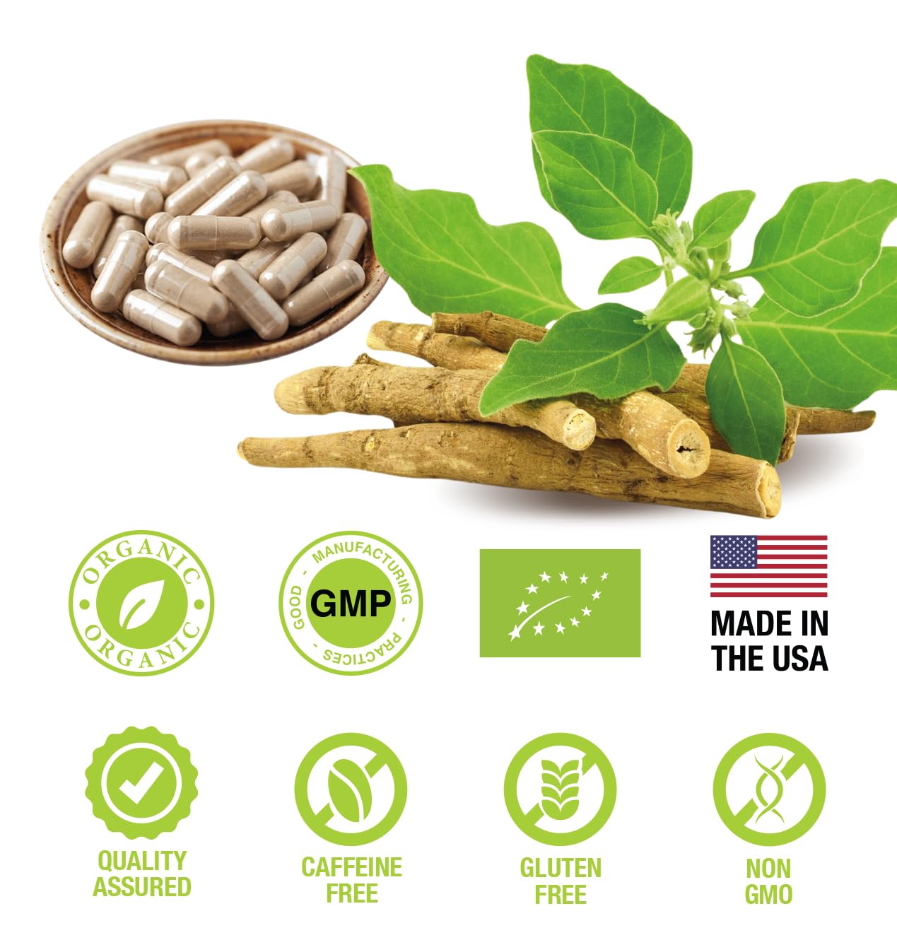 HERBALS Organic Ashwagandha capsules displayed with herbs