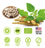 HERBALS Organic Ashwagandha capsules displayed with herbs