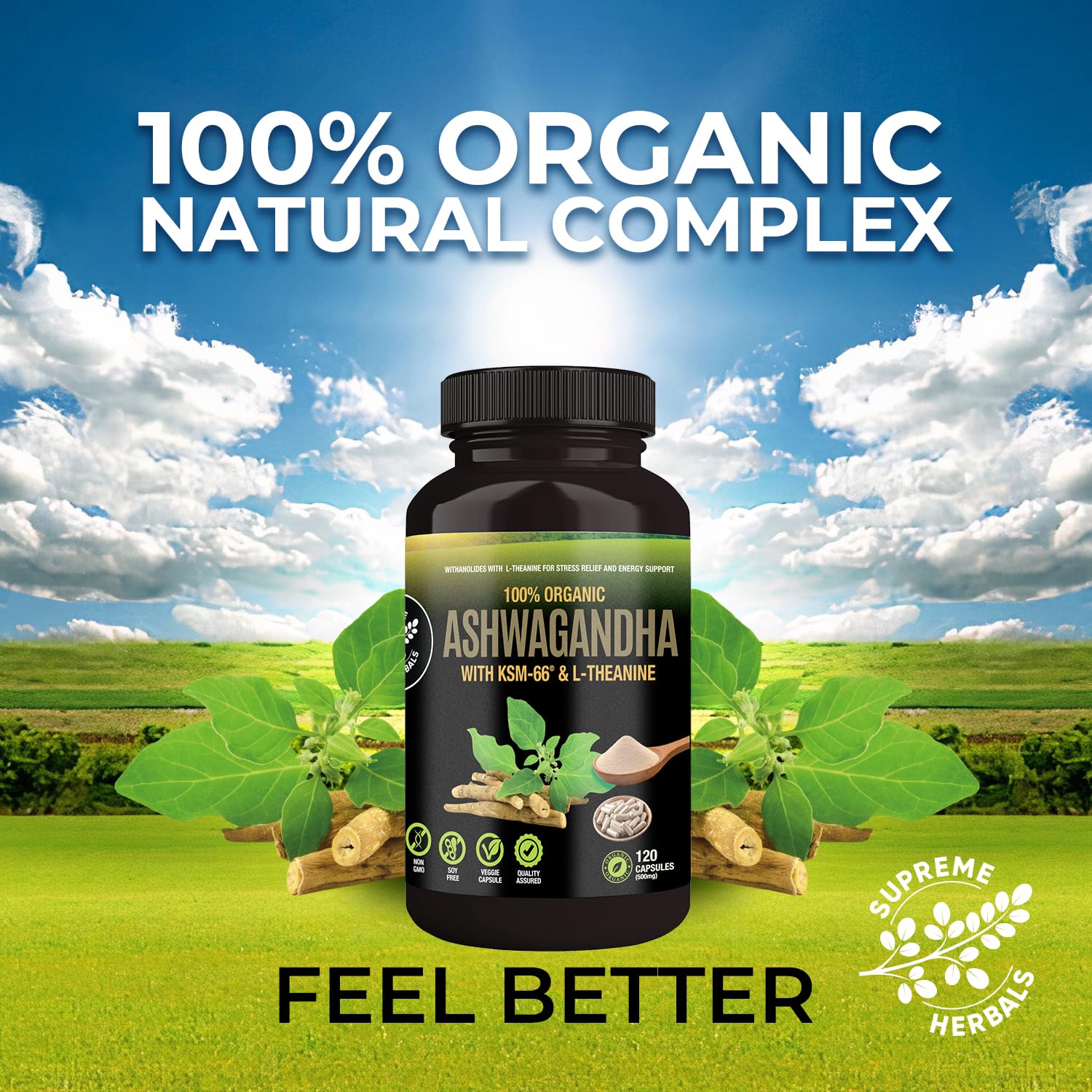 HERBALS Organic Ashwagandha capsules on a wooden table
