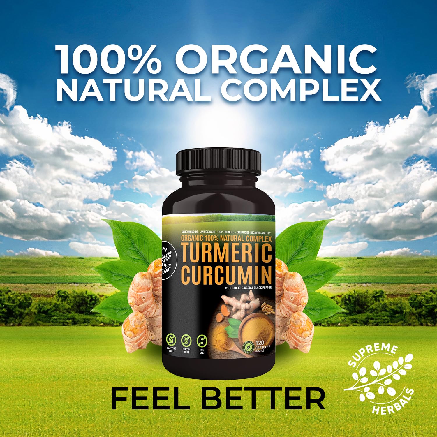 HERBALS Turmeric Curcumin Capsules 500mg on a wooden table