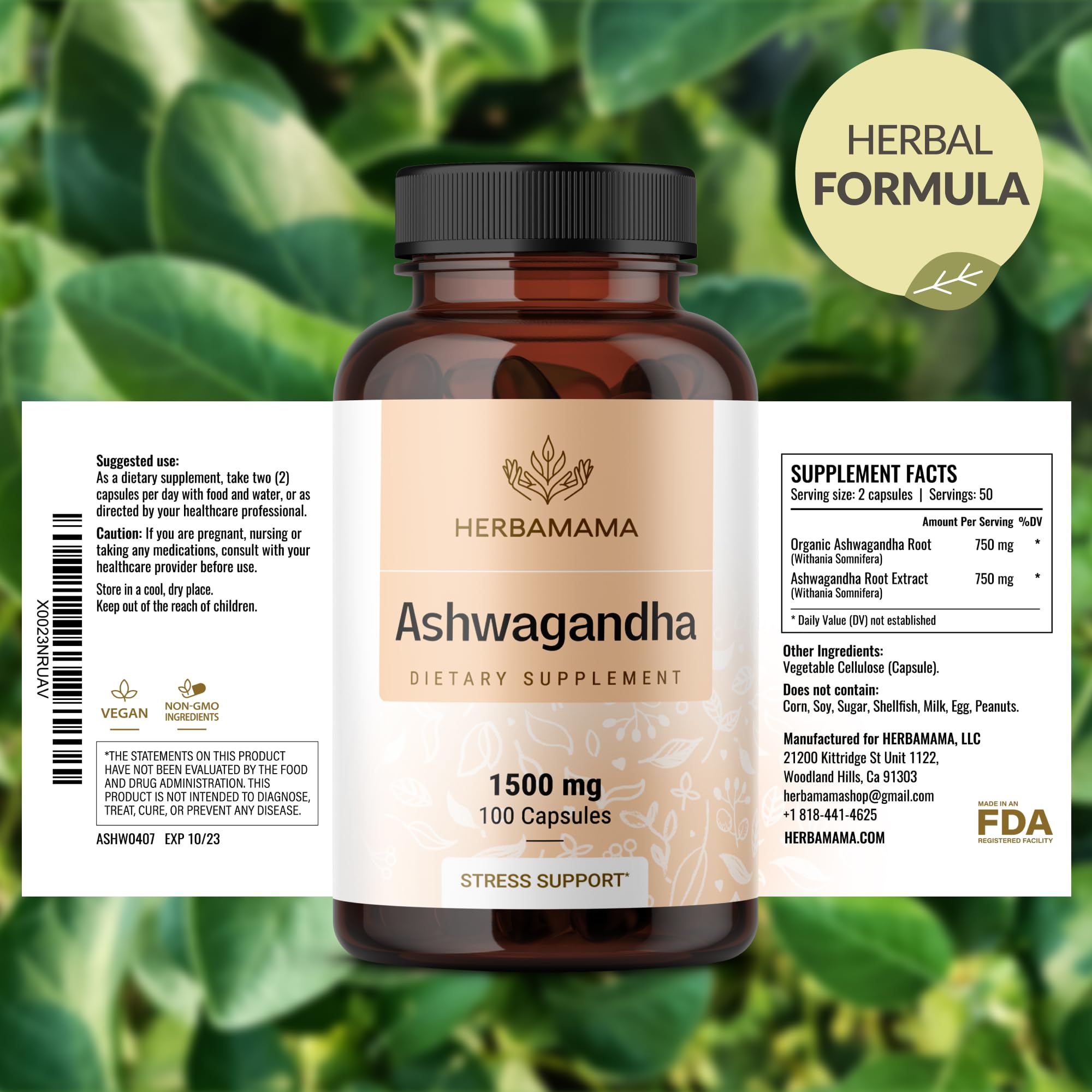 HERBAMAMA Ashwagandha calming support supplement with a glass of water