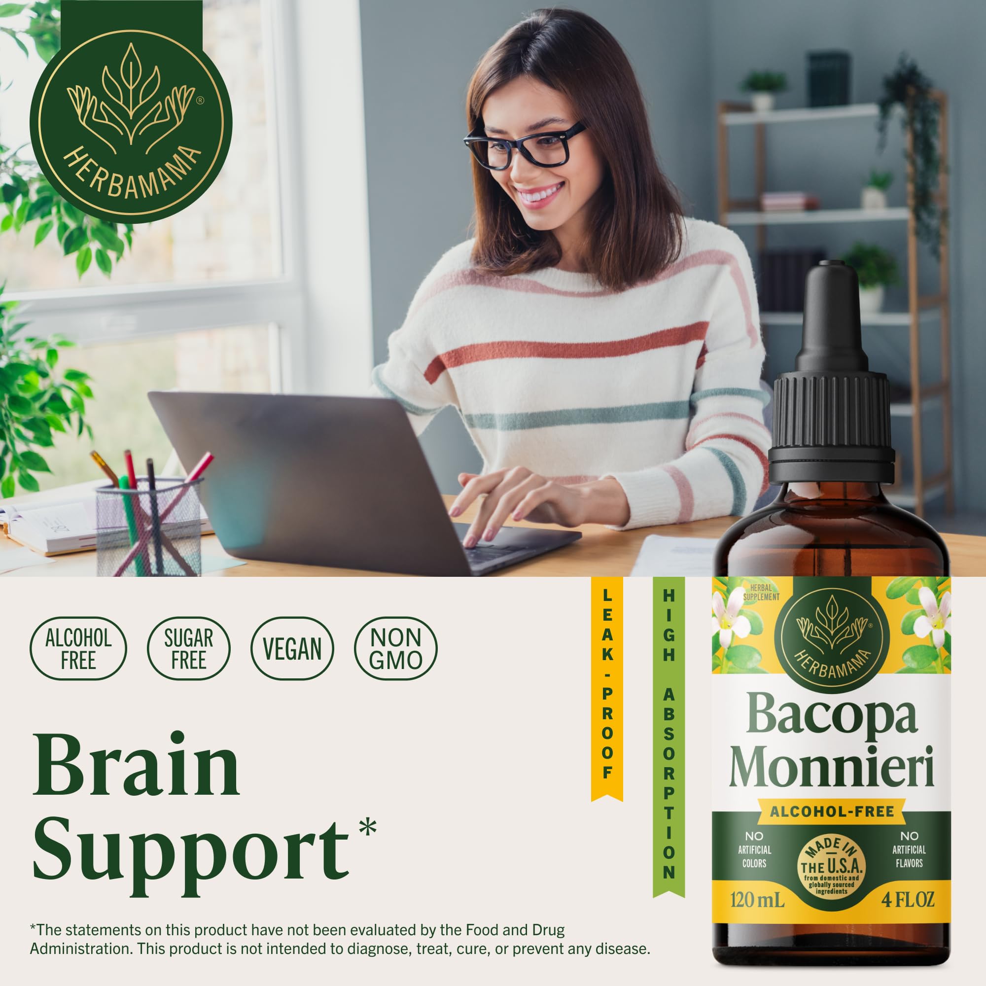 HERBAMAMA Bacopa Monnieri Liquid Tincture dropper bulb