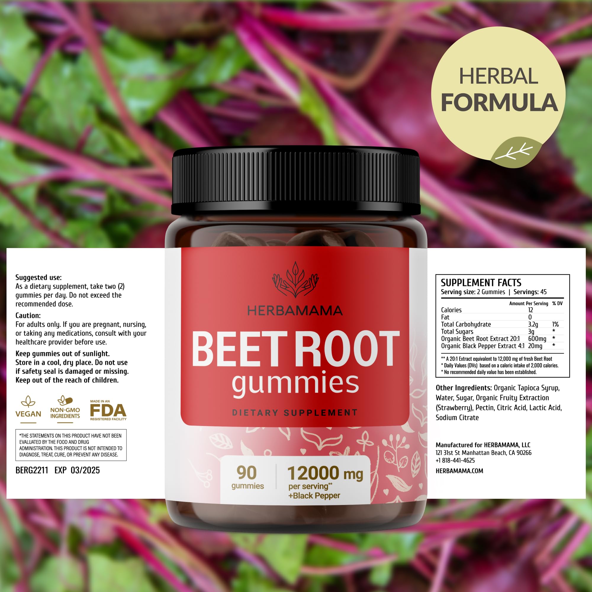 HERBAMAMA Beet Root Gummies back view with ingredient list