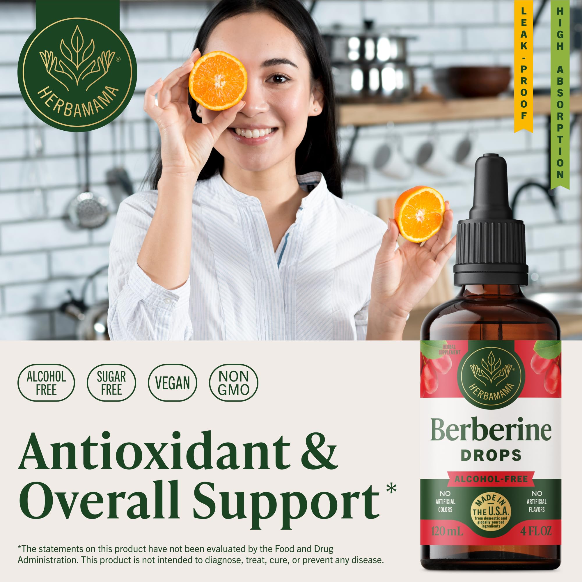HERBAMAMA Berberine Liquid Supplement 500 mg bottle side view