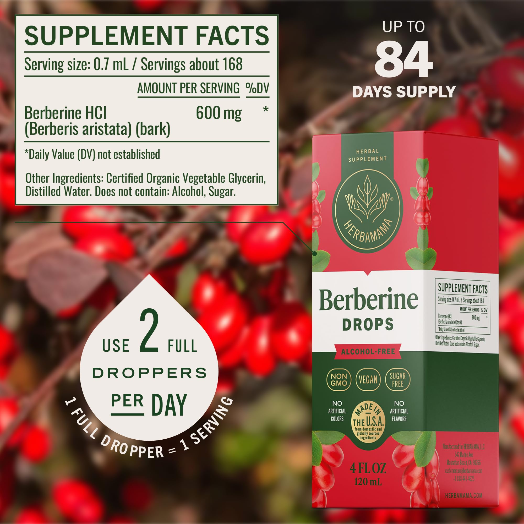 HERBAMAMA Berberine Liquid Supplement 500 mg dropper close-up