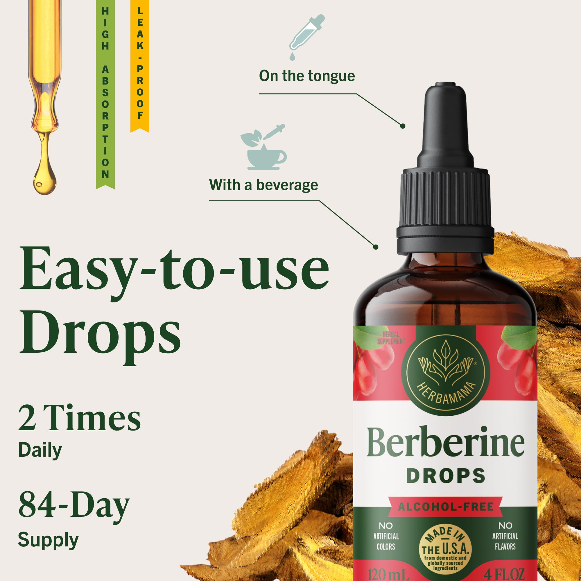 HERBAMAMA Berberine Liquid Supplement 500 mg with glass of water