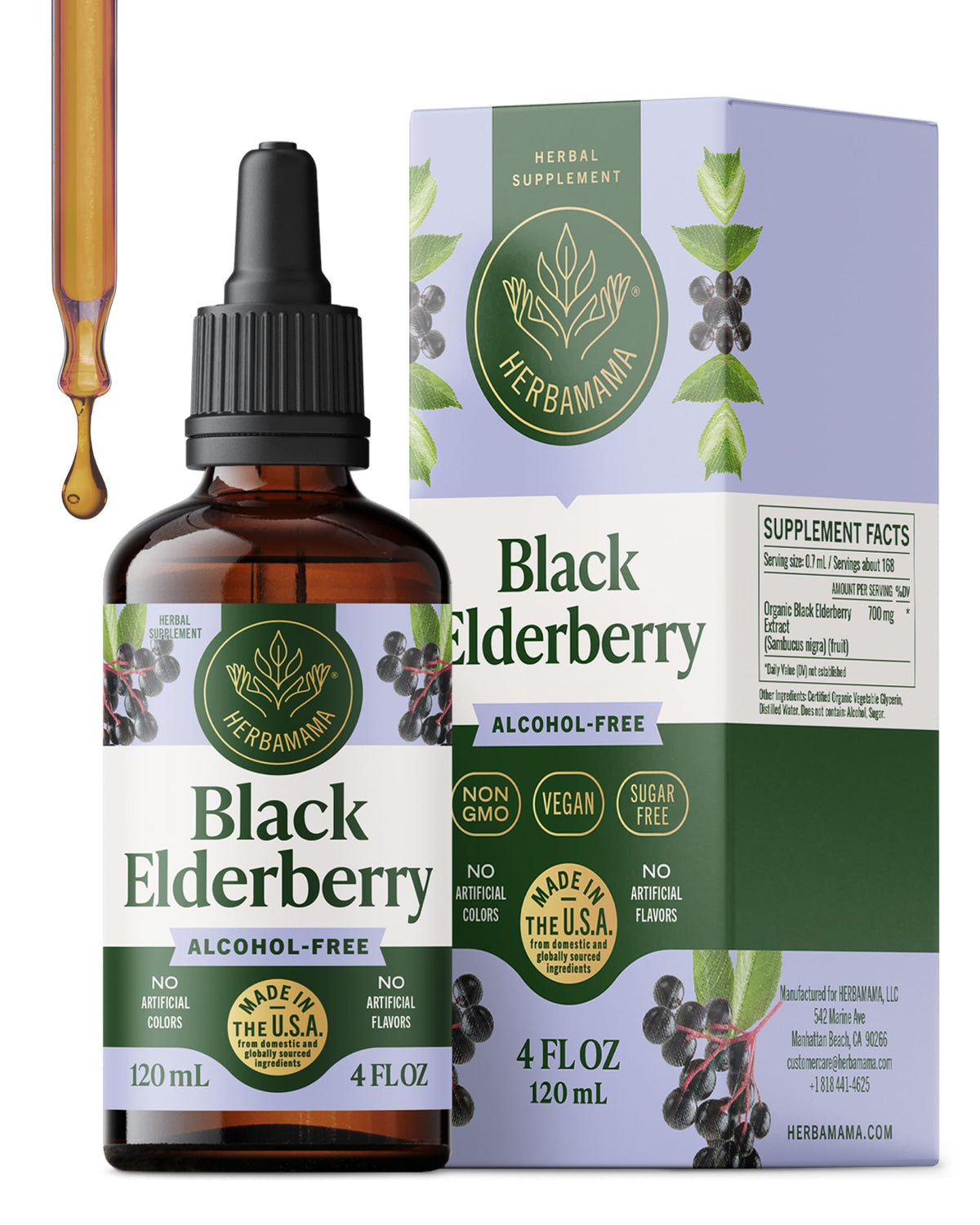 HERBAMAMA Black Elderberry Liquid Drops front view with dropper