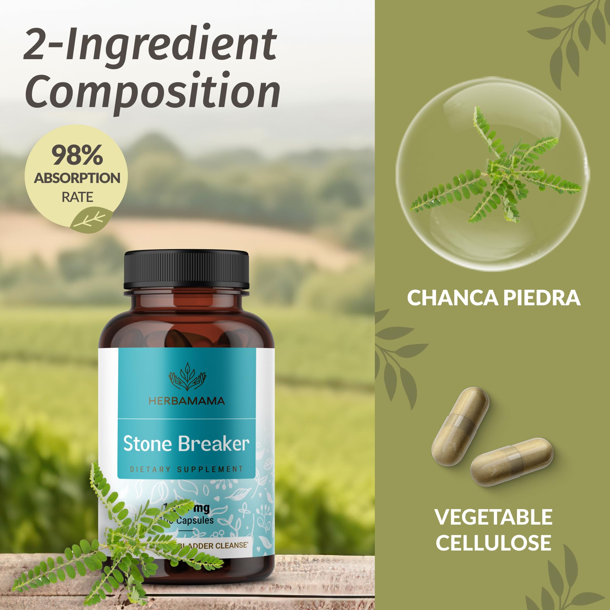 HERBAMAMA Chanca Piedra Stone Breaker Capsules with glass of water