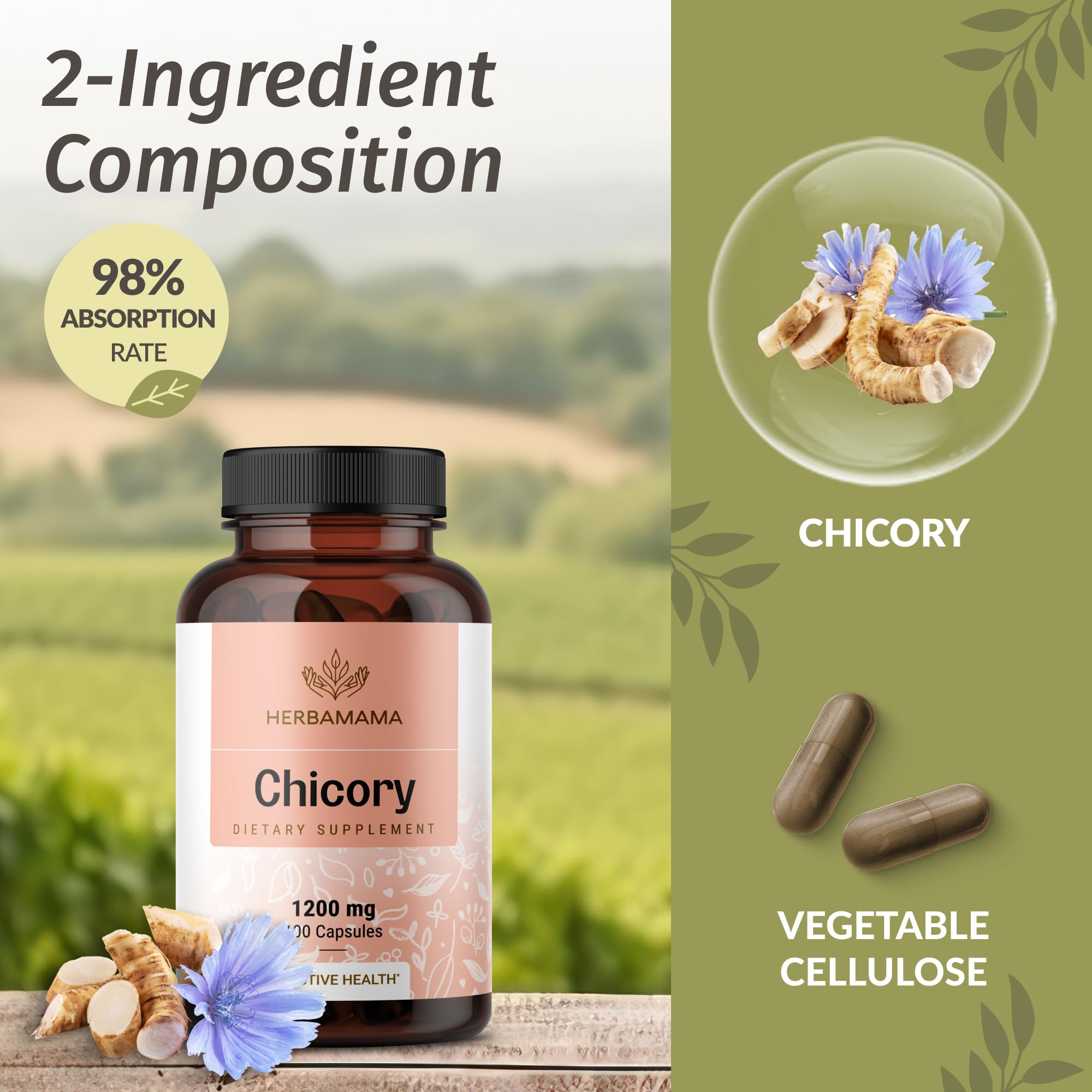 HERBAMAMA Chicory Root Capsules with two capsules on a table
