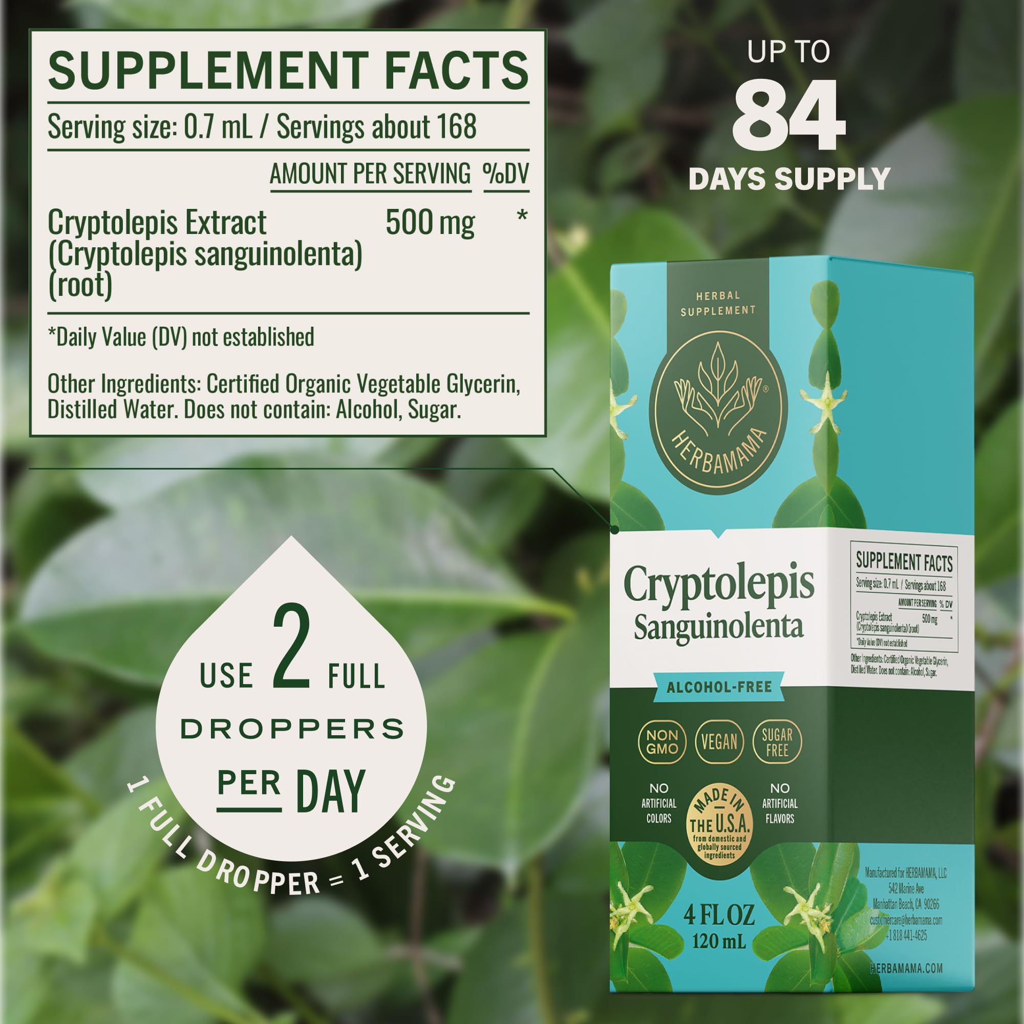HERBAMAMA Cryptolepis Root Tincture bottle with water and glass