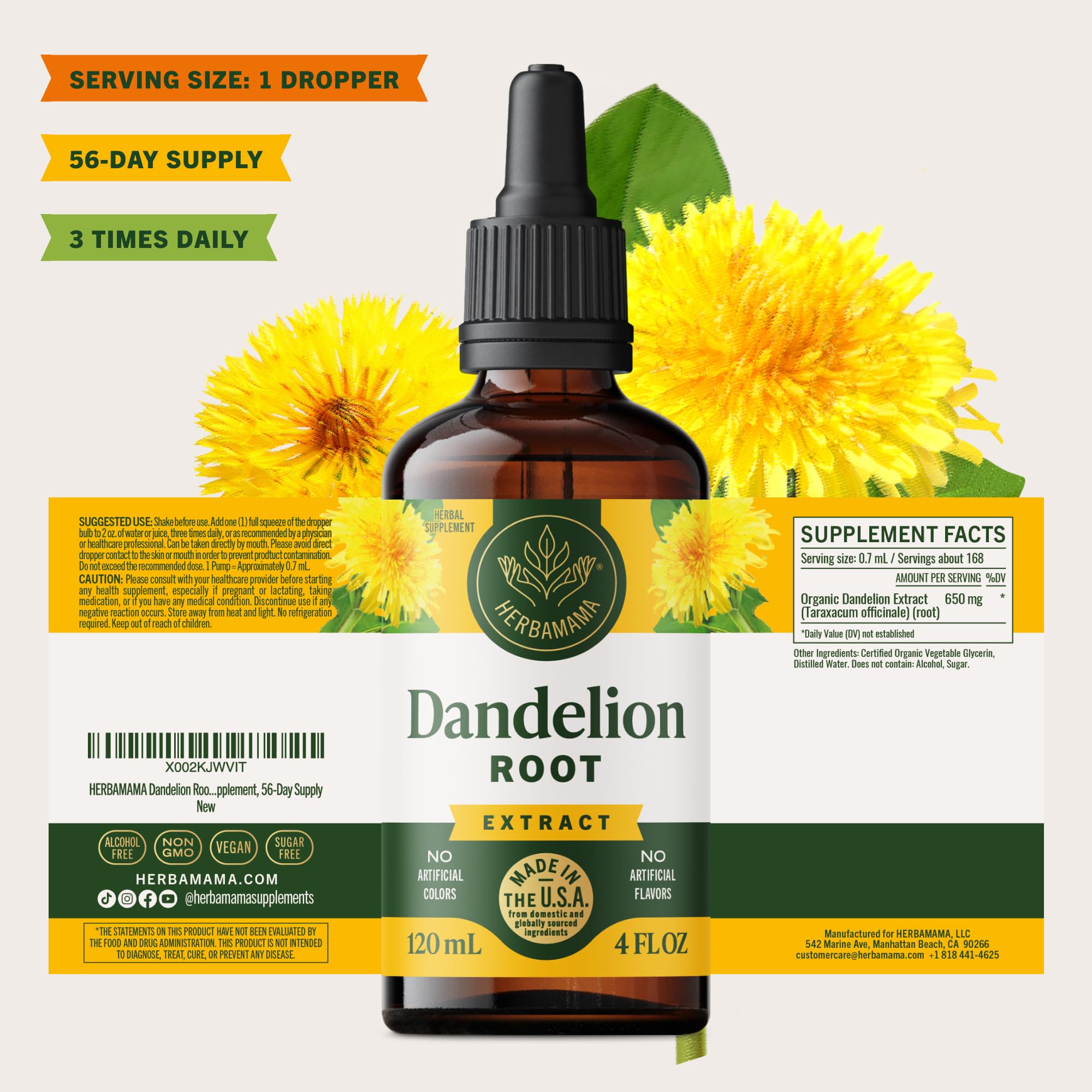 HERBAMAMA Dandelion Root Liquid Drops 250g on a wooden table