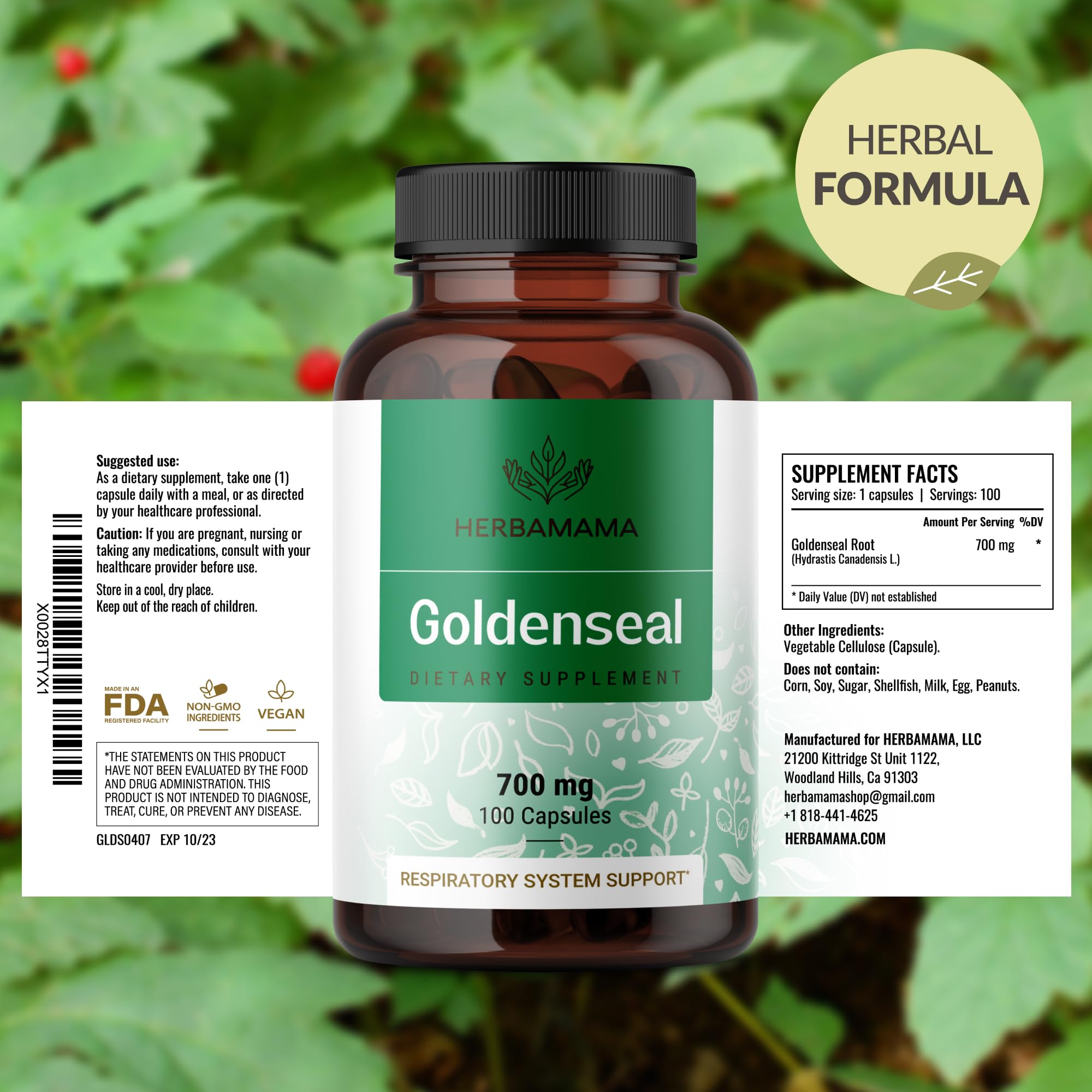 HERBAMAMA Goldenseal Root Capsules opened with capsule visible
