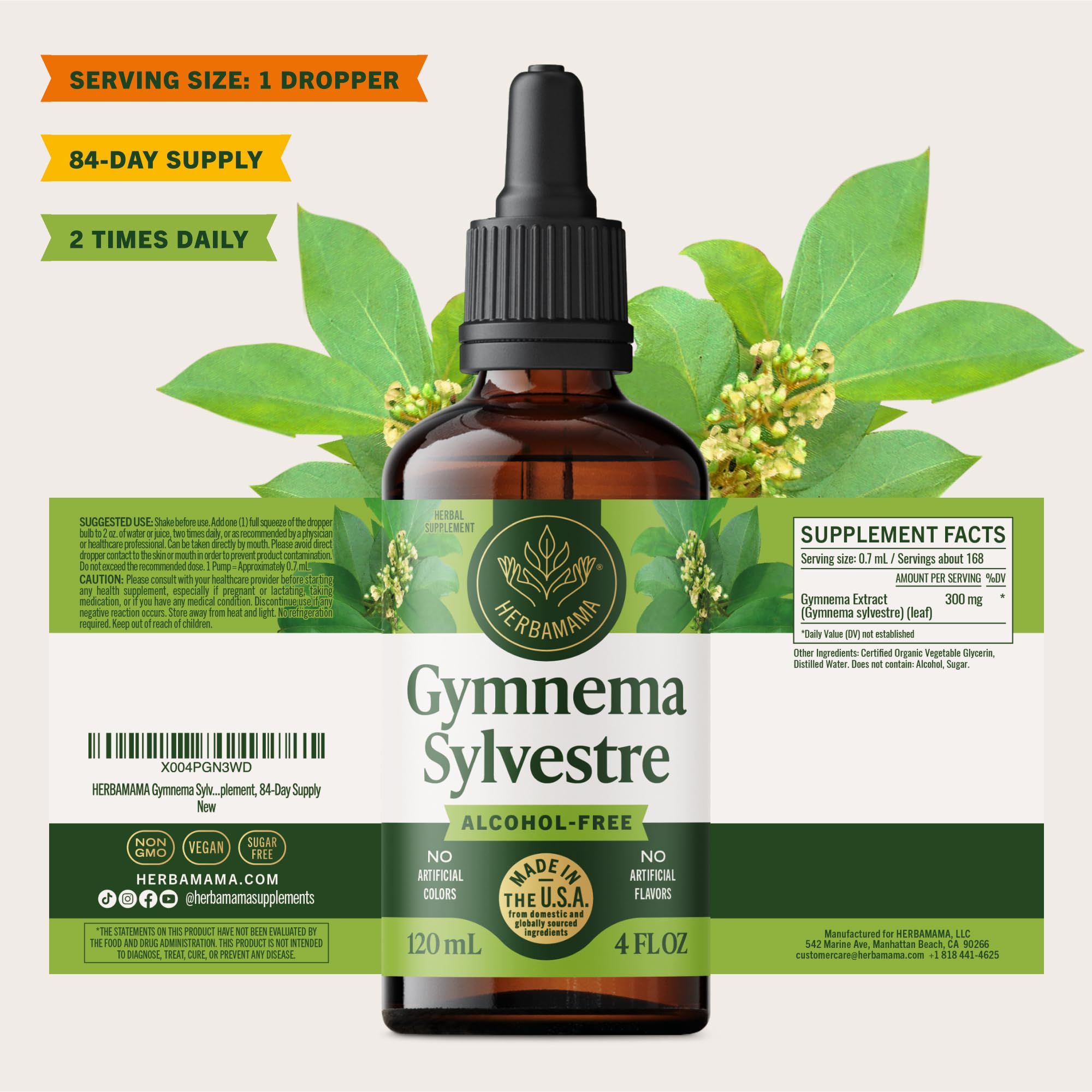 HERBAMAMA Gymnema Sylvestre Liquid Supplement with glass of water