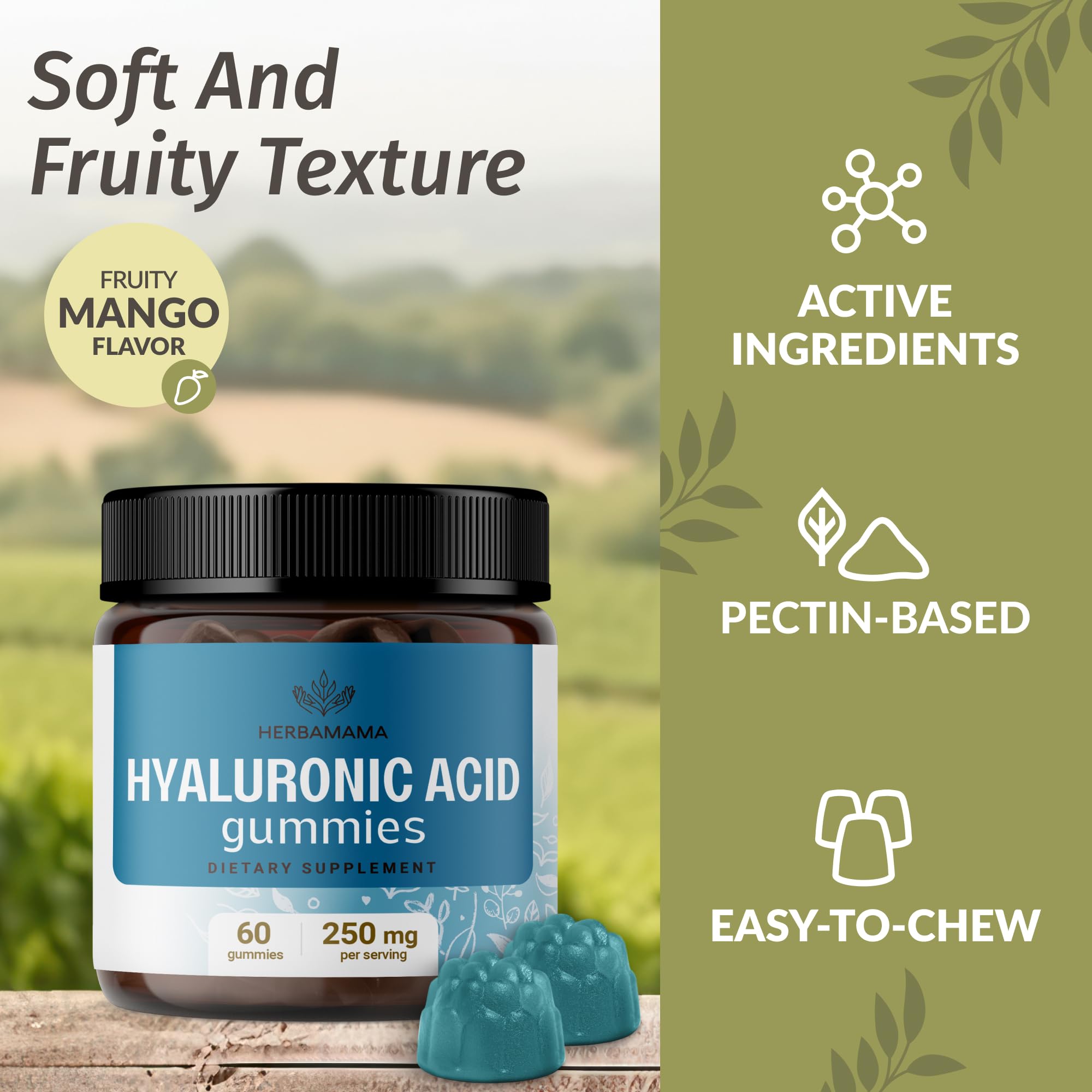 HERBAMAMA Hyaluronic Acid Gummies in a hand for size reference