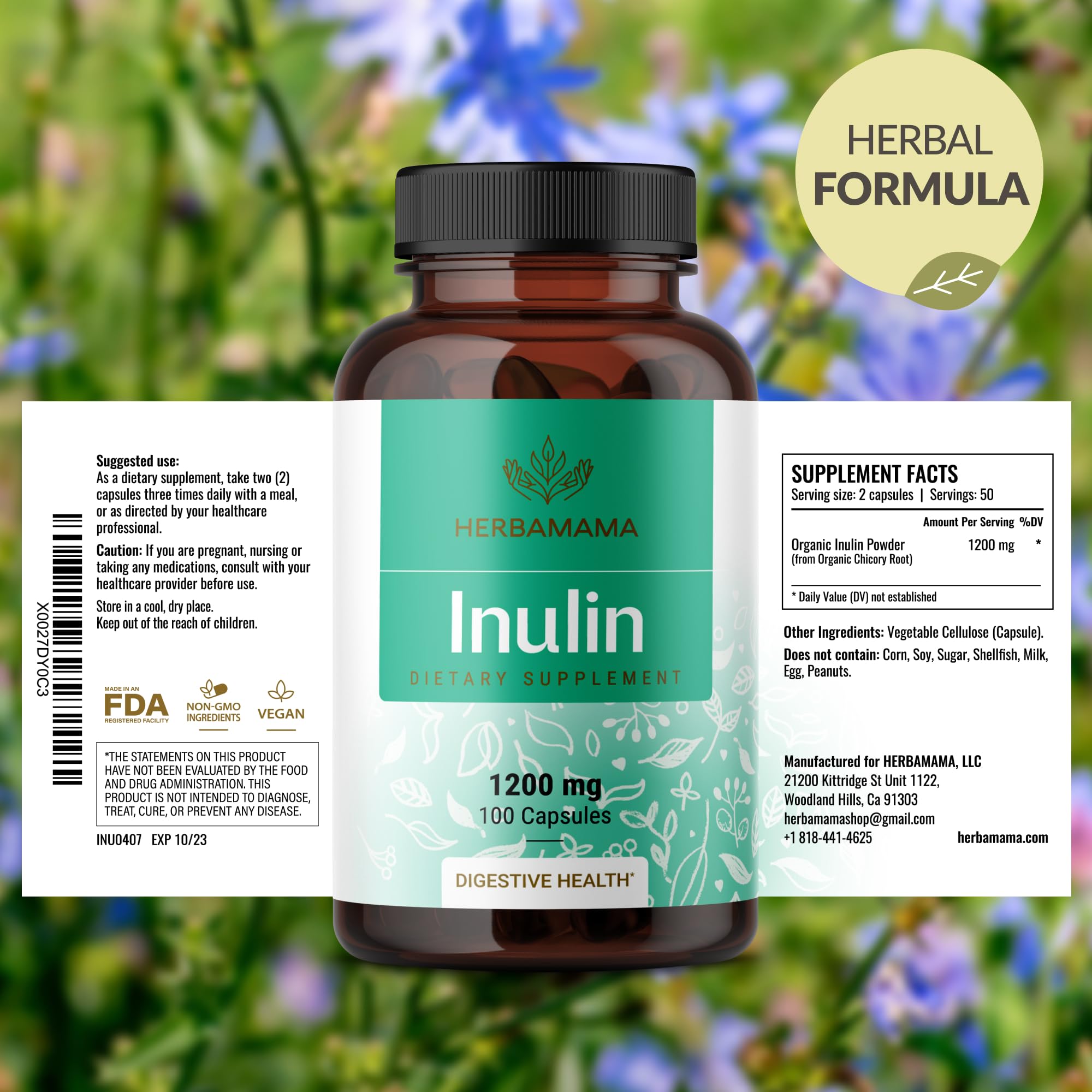 HERBAMAMA Inulin Capsules laid out on a wooden surface