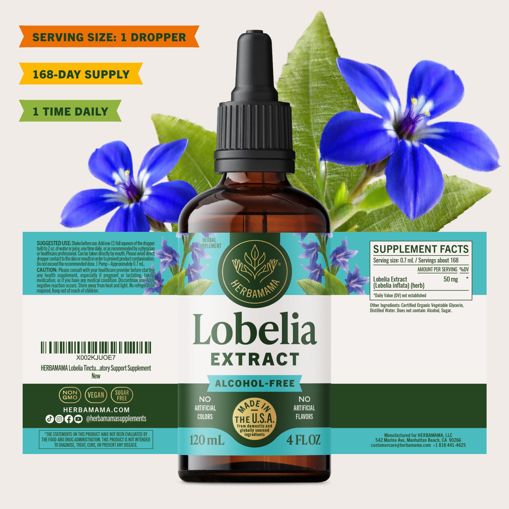 HERBAMAMA Lobelia Tincture with background of herbal ingredients