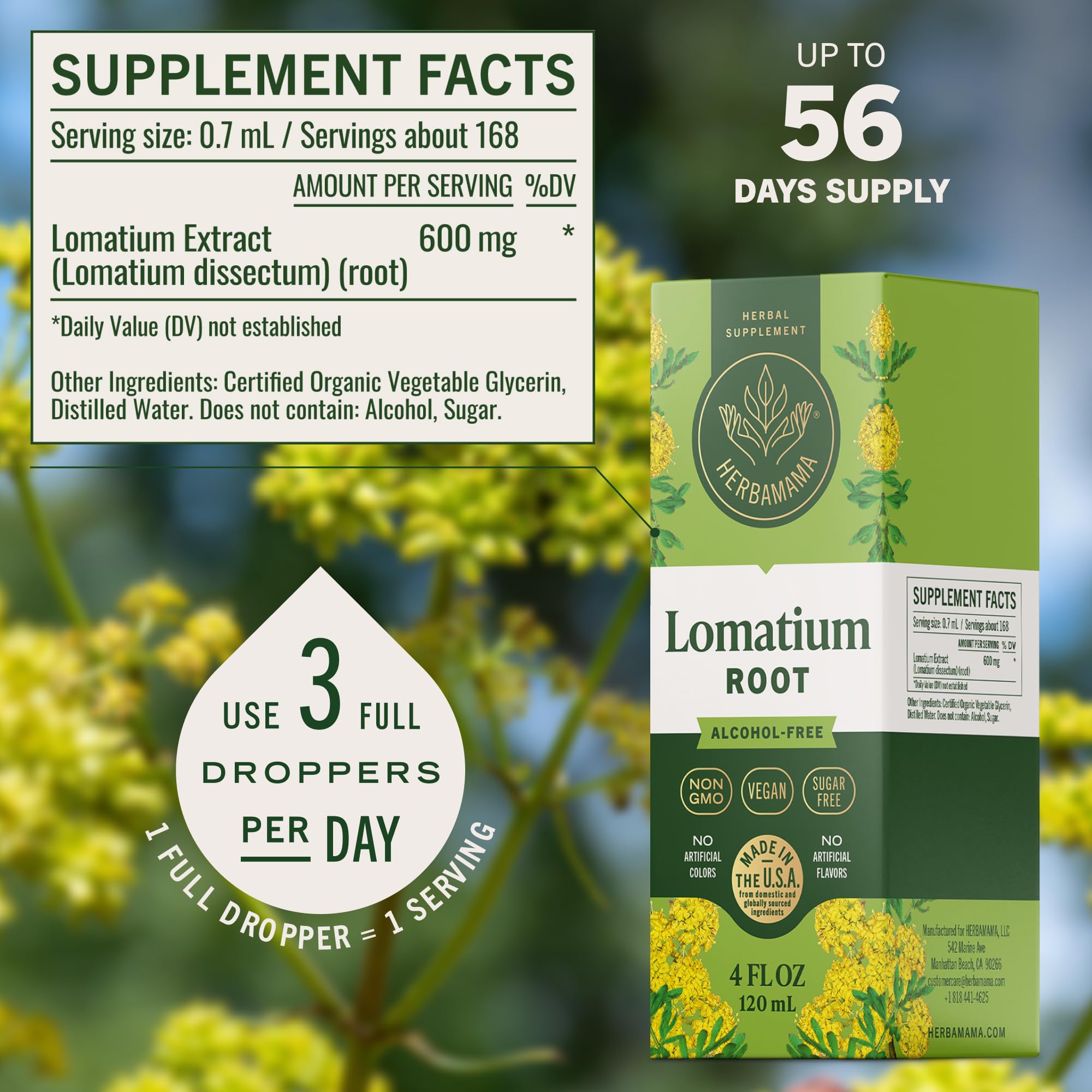 HERBAMAMA Lomatium Dissectum Tincture 285g bottle with ingredients