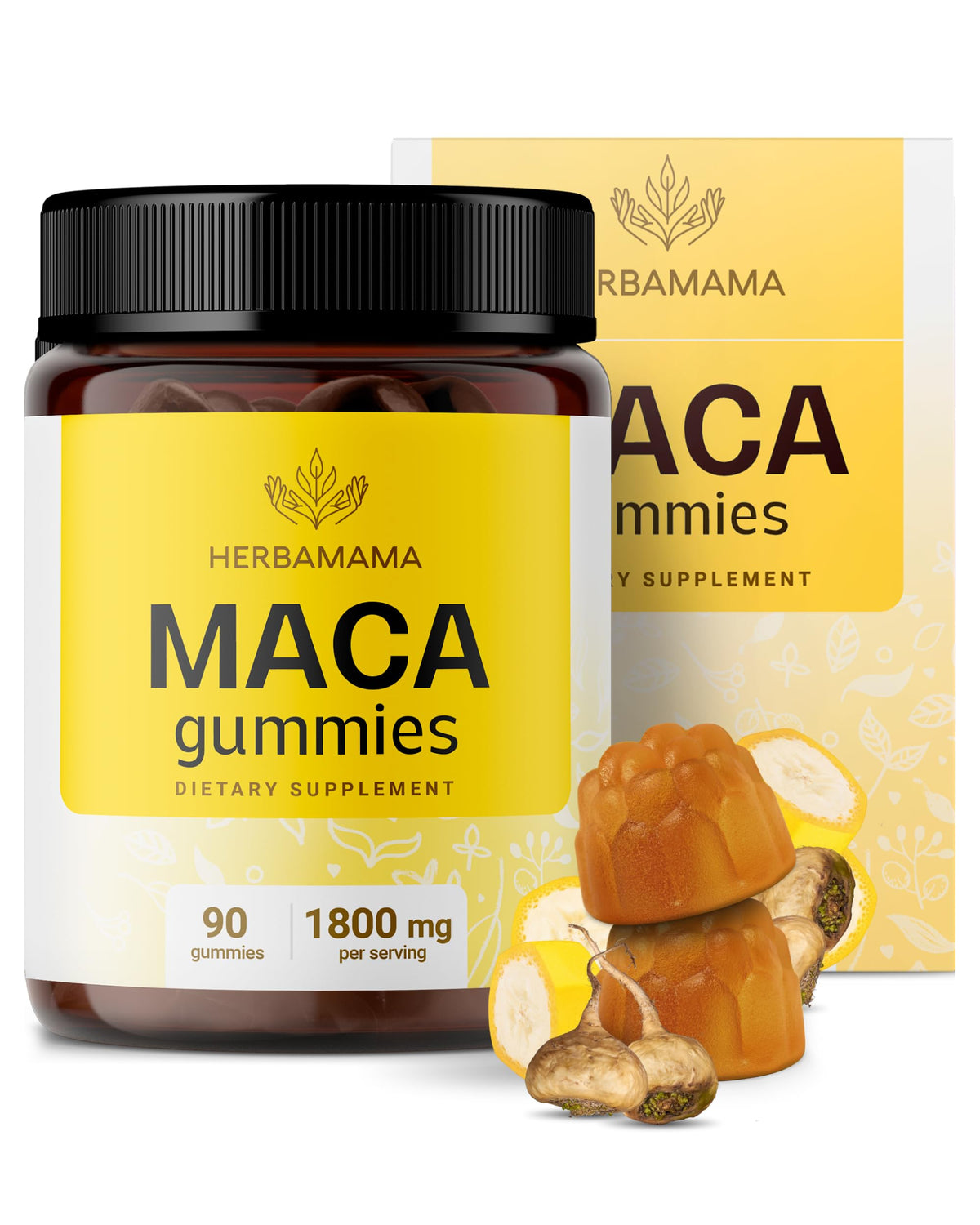 HERBAMAMA Maca Root Gummies front view with packaging