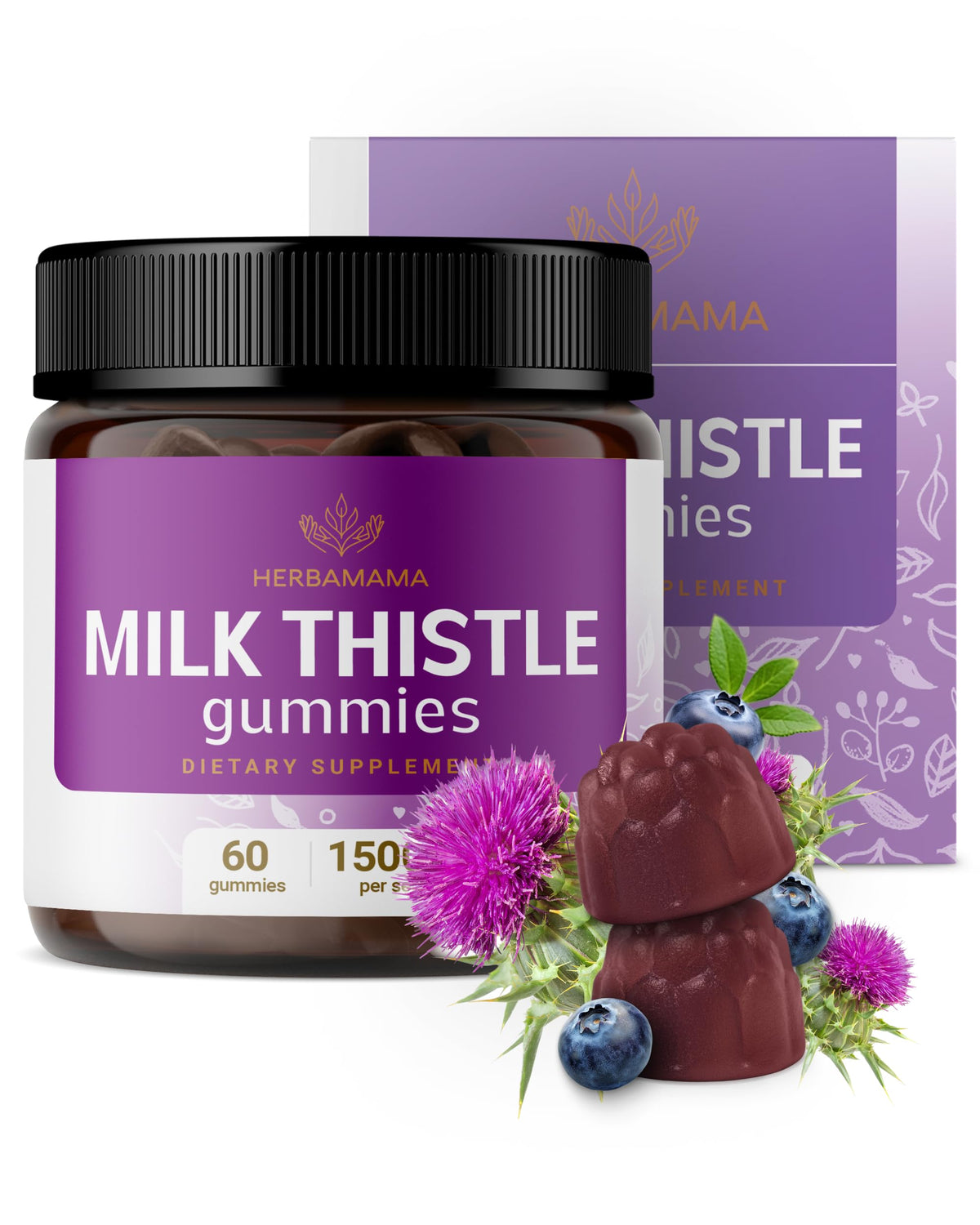 HERBAMAMA Milk Thistle Gummies front view with packaging