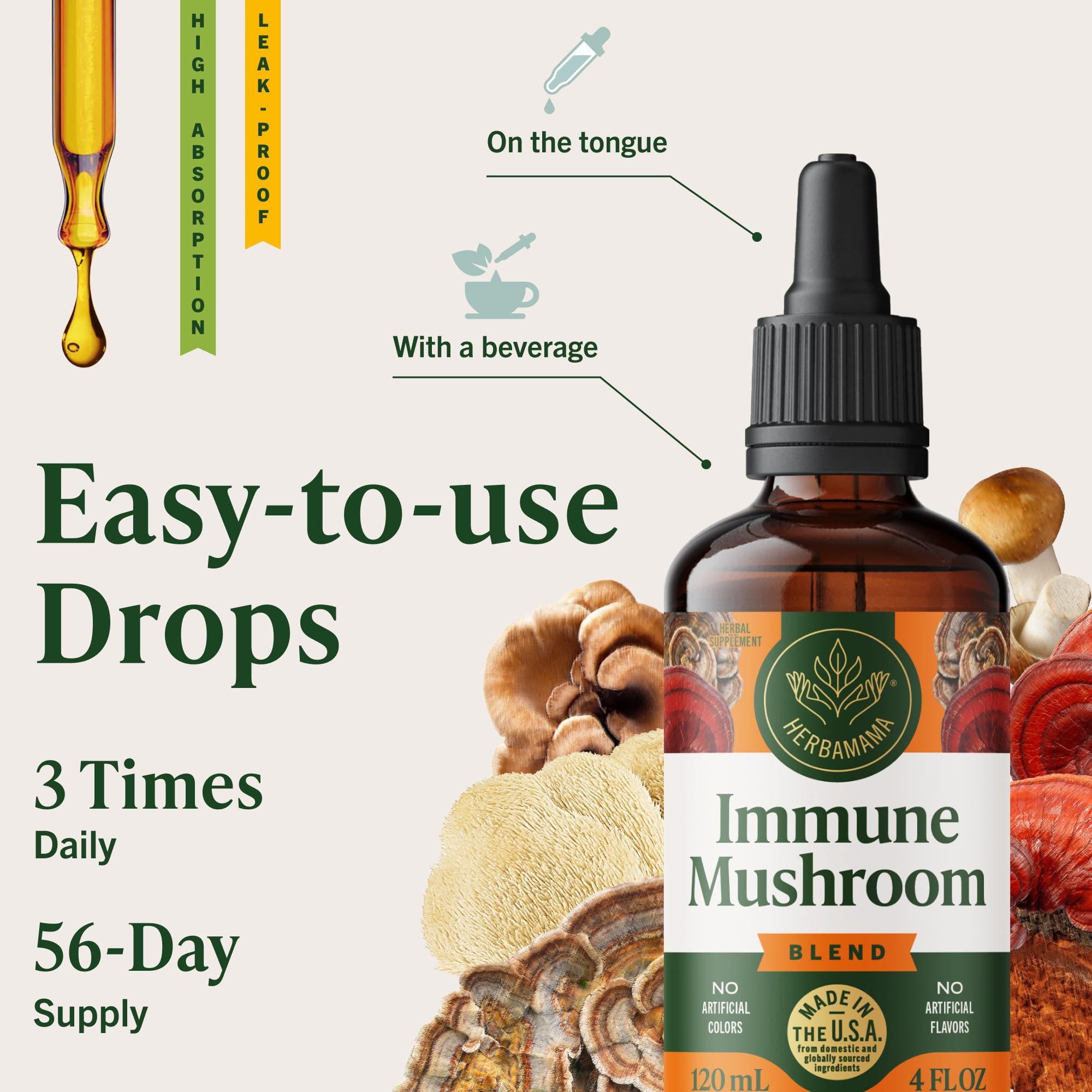 HERBAMAMA Mushroom Supplement Drops displayed on kitchen counter