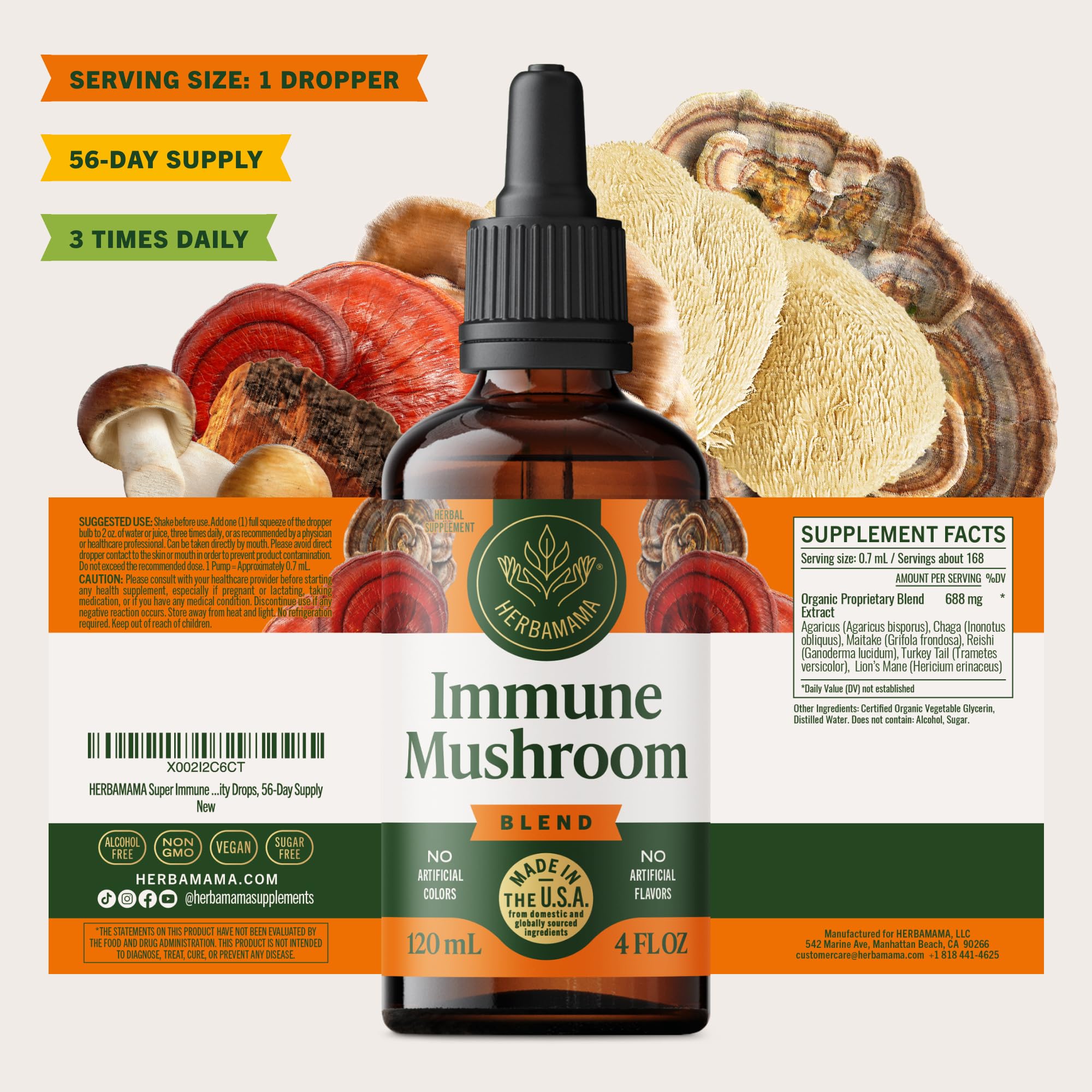 HERBAMAMA Mushroom Supplement Drops in hand for dosage
