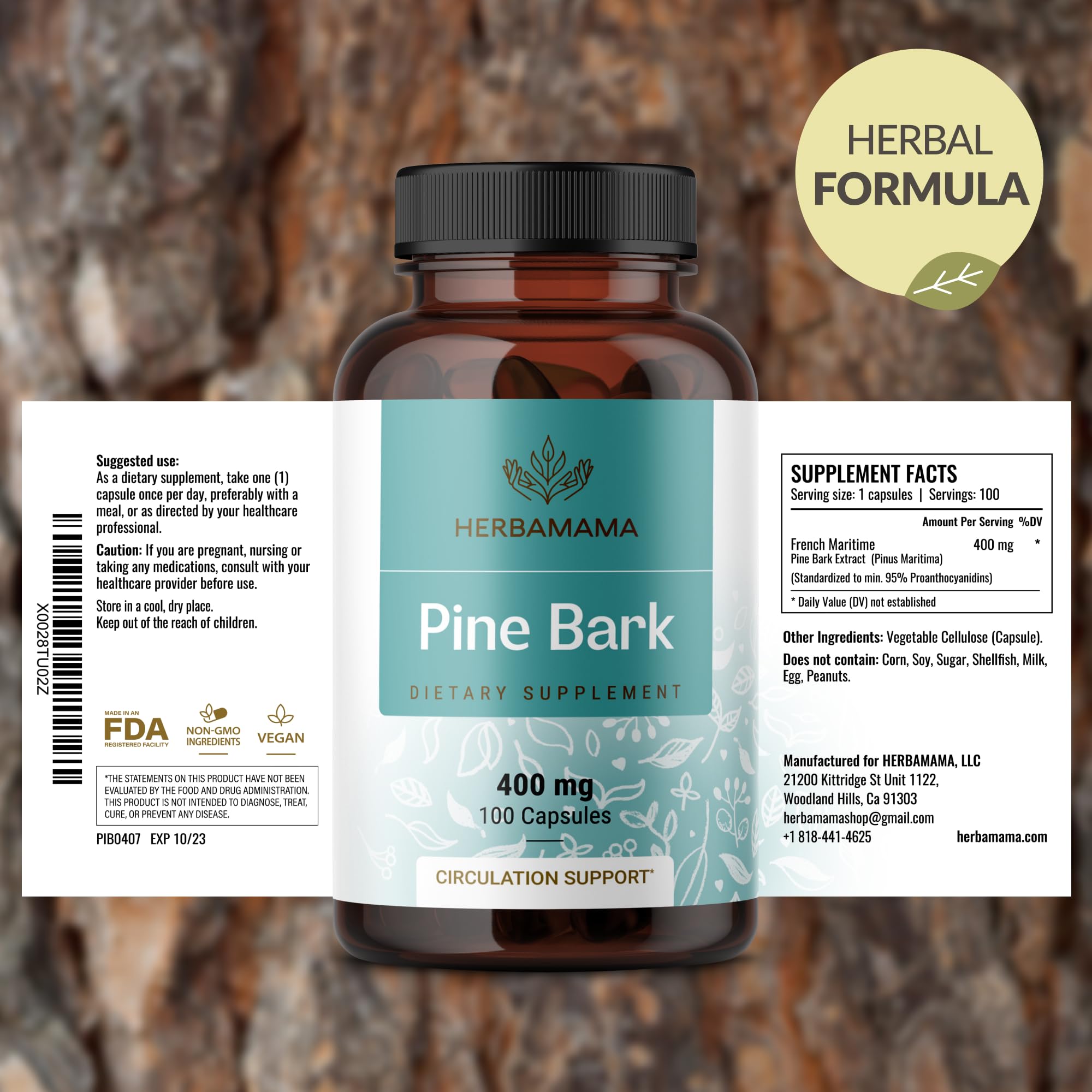 HERBAMAMA Pine Bark Extract Capsules arranged with fresh pine bark