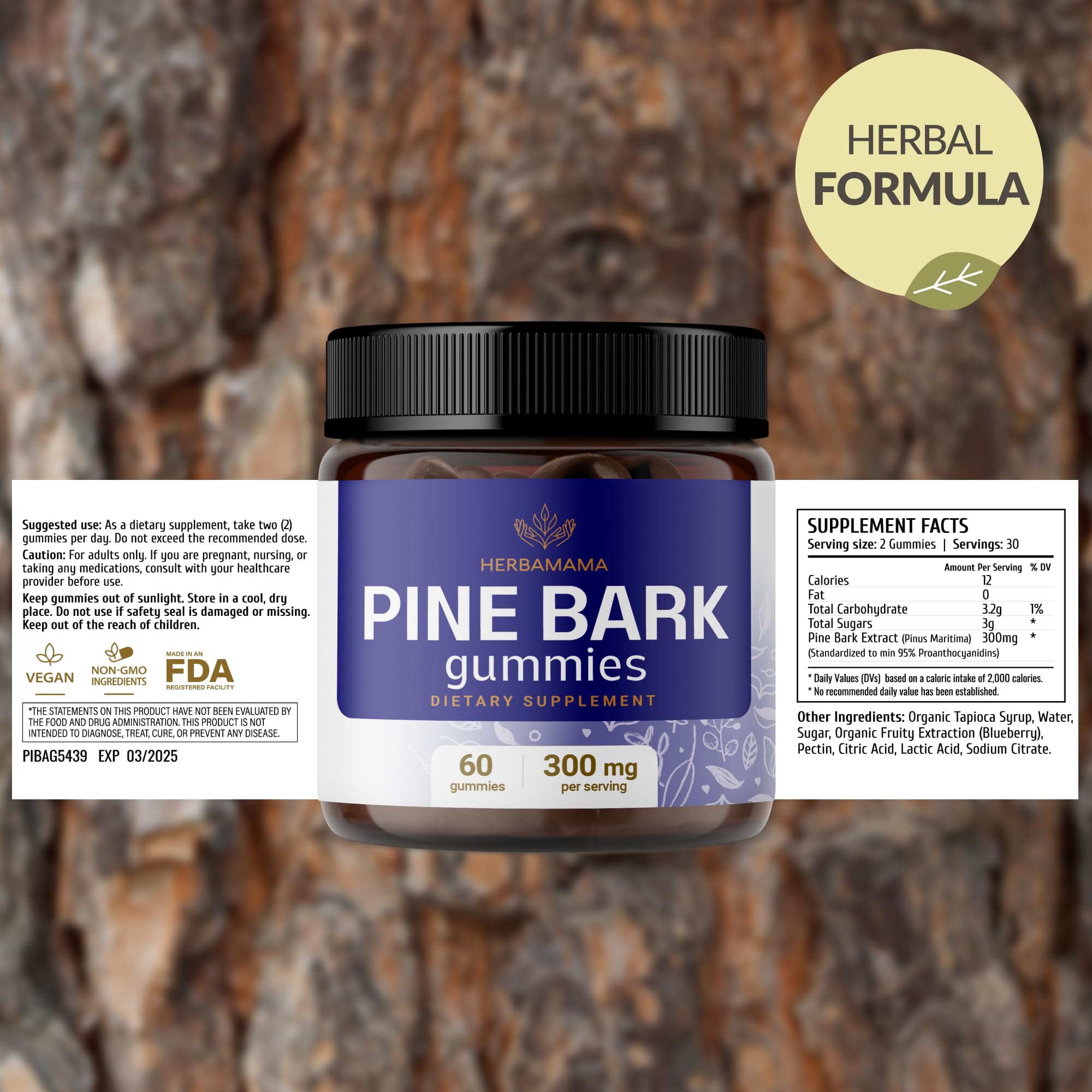 HERBAMAMA Pine Bark Extract Gummies packaging back view
