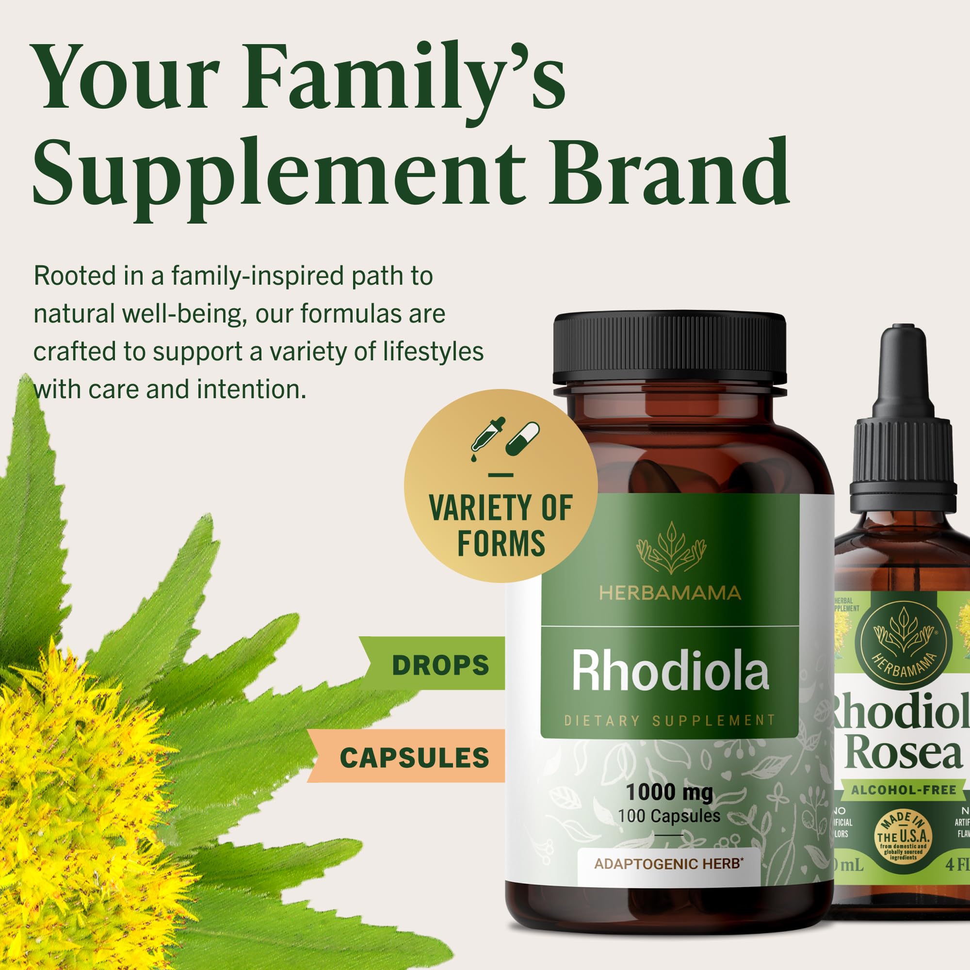 HERBAMAMA Rhodiola Rosea Capsules 1000mg bottle in a wellness setup