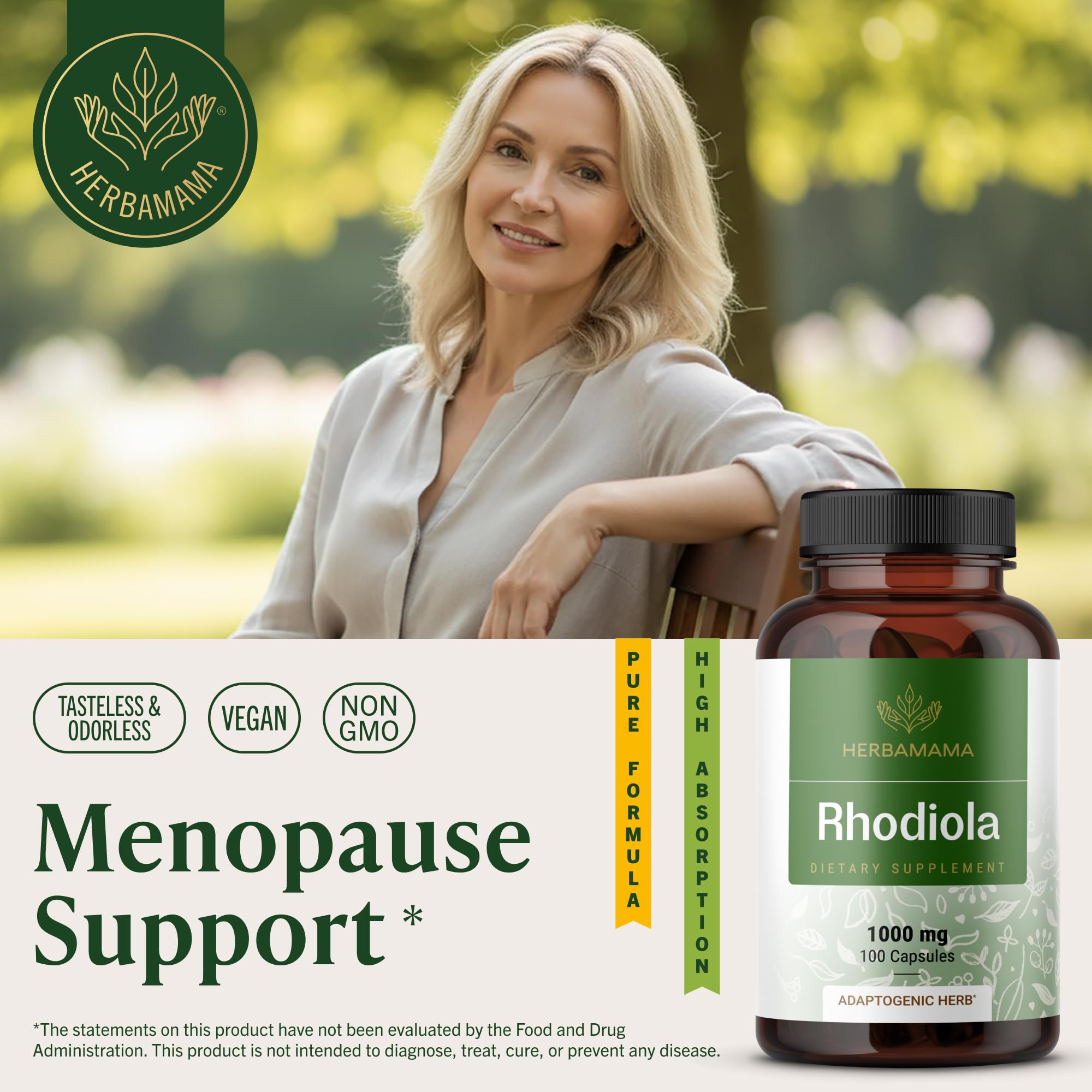 HERBAMAMA Rhodiola Rosea Capsules 1000mg bottle side view