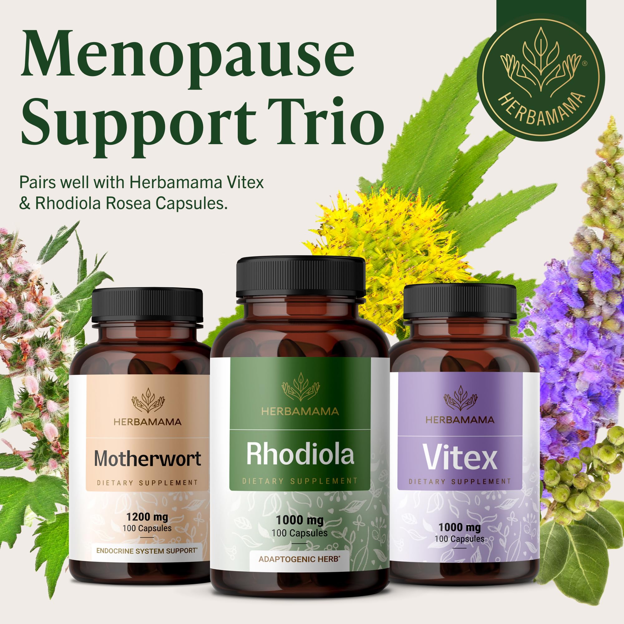 HERBAMAMA Rhodiola Rosea Capsules 1000mg bottle with measuring spoon