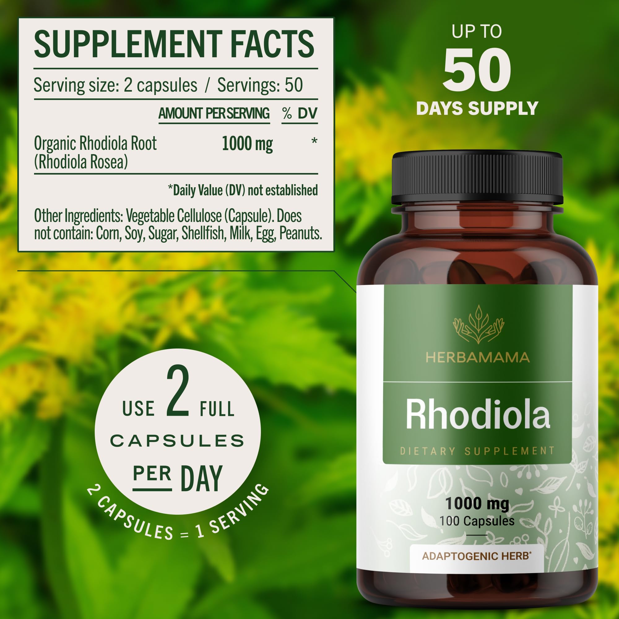 HERBAMAMA Rhodiola Rosea Capsules 1000mg capsule close-up