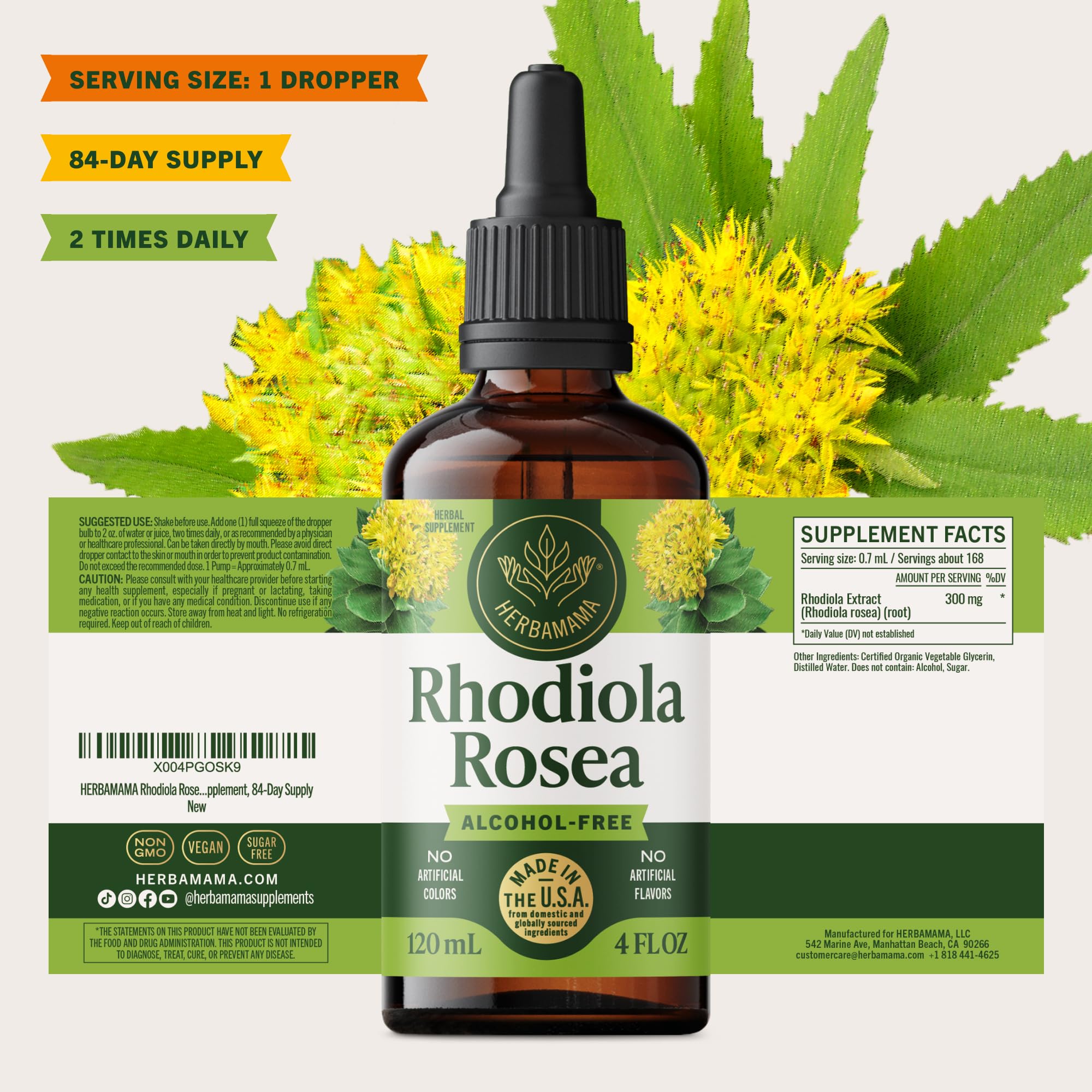 HERBAMAMA Rhodiola Rosea Tincture 113g with water glass