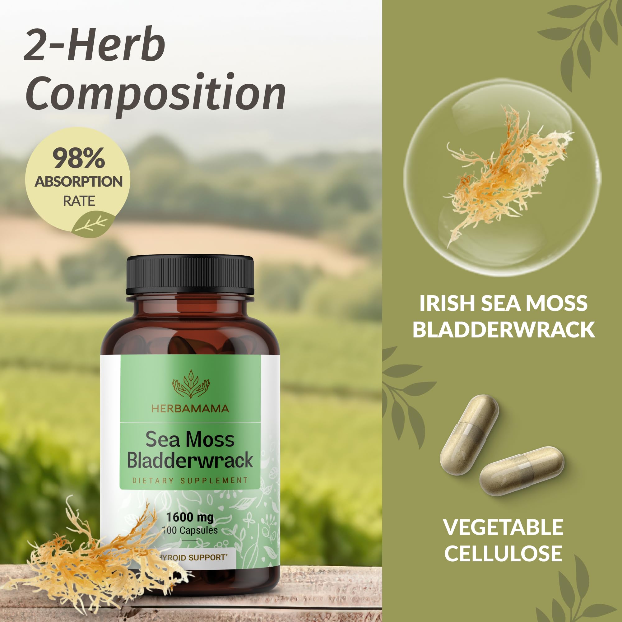 HERBAMAMA Sea Moss Capsules on a wooden table