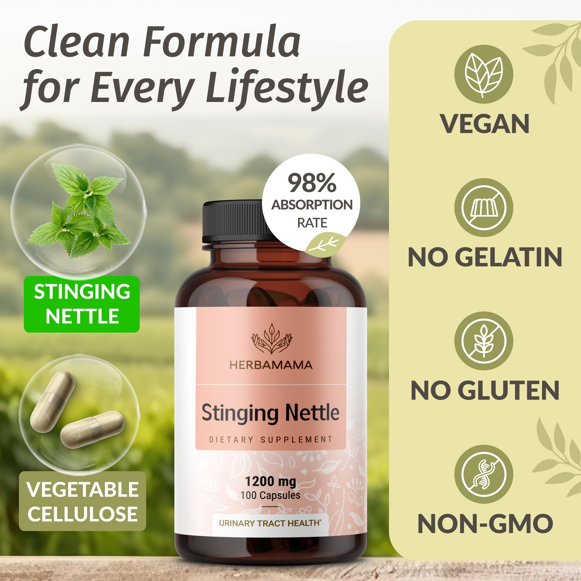 HERBAMAMA Stinging Nettle Capsules 1200mg capsules on a table