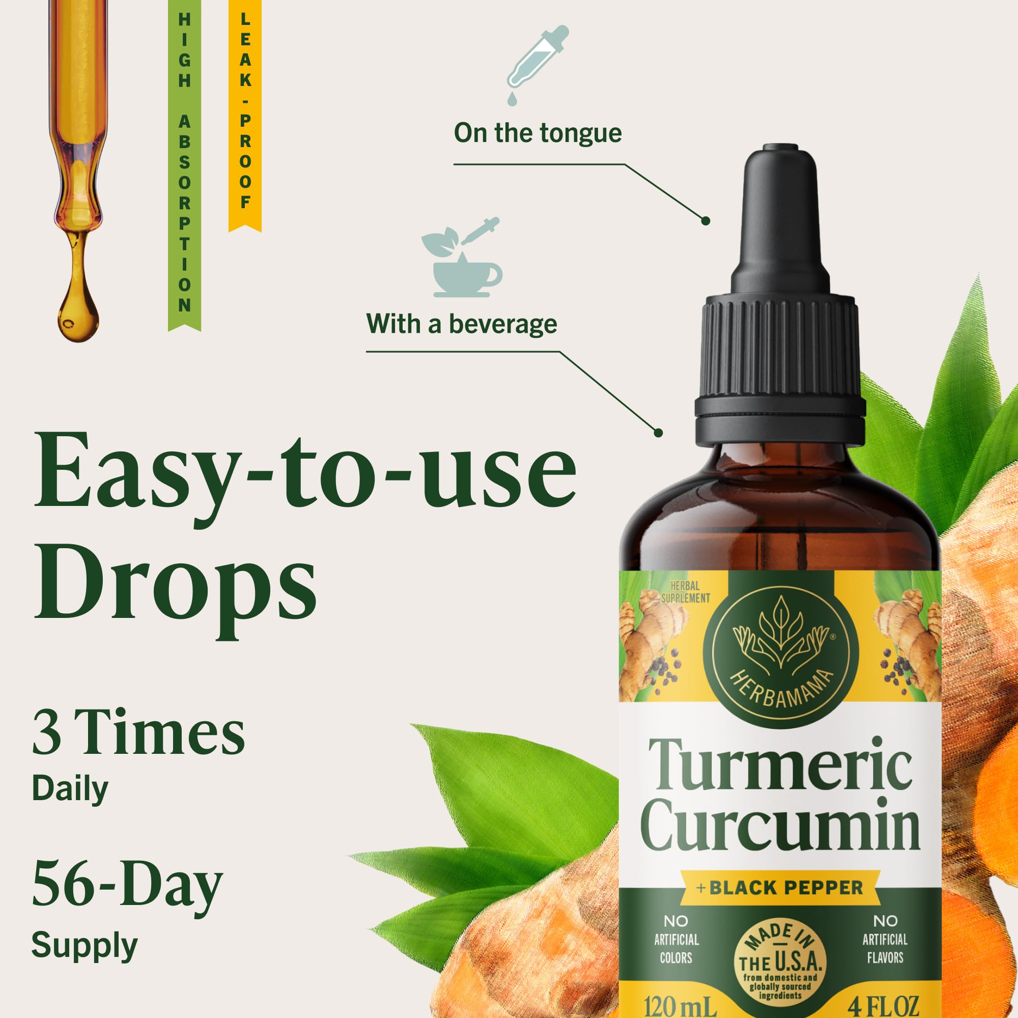 HERBAMAMA Turmeric Curcumin Liquid Drops 670mg on a kitchen counter