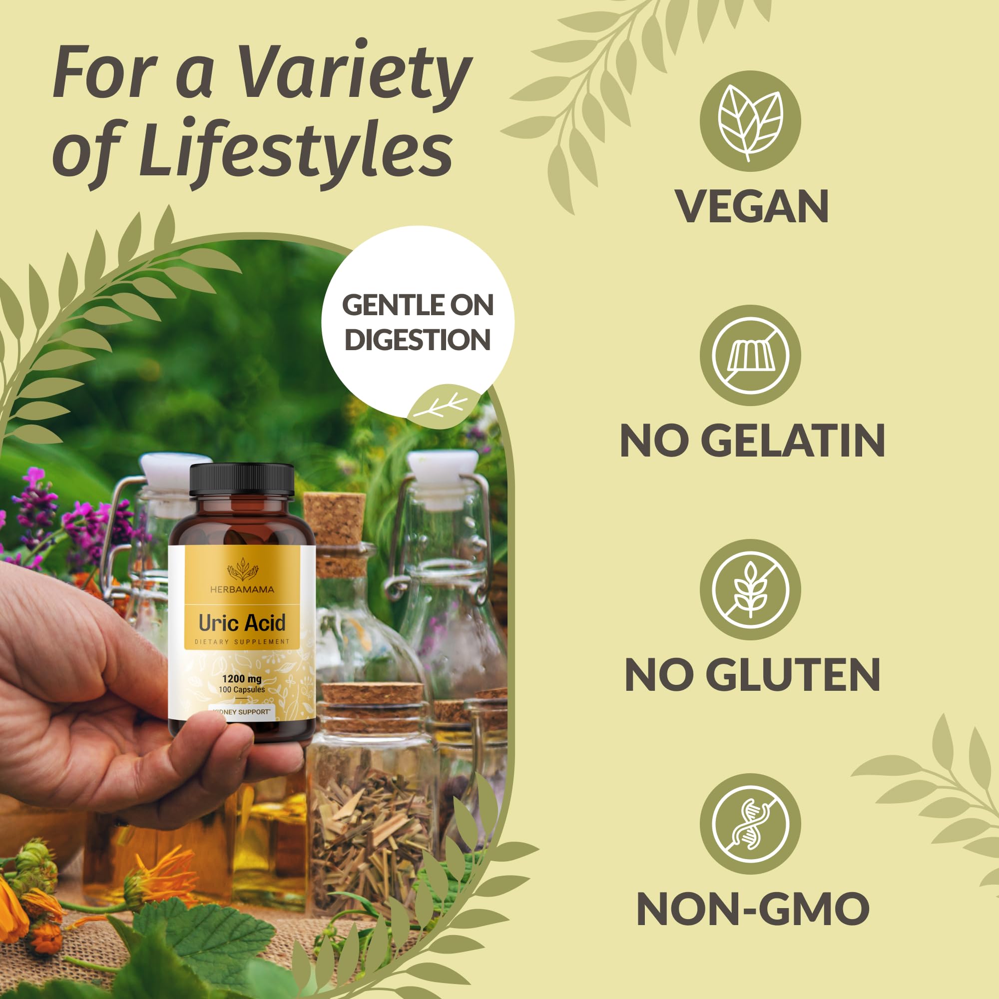 HERBAMAMA Uric Acid Support Capsules with a glass of water