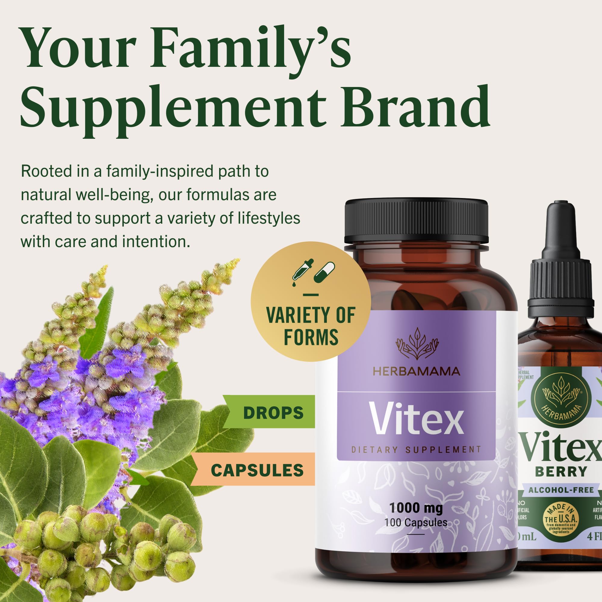HERBAMAMA Vitex Chasteberry Capsules in a travel pouch