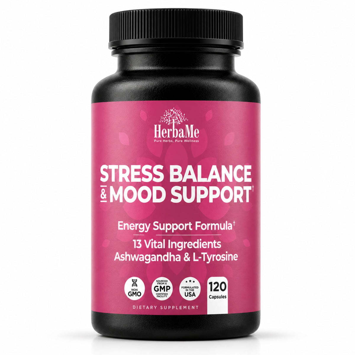 HerbaMe Ashwagandha Capsules bottle front view with 120 capsules